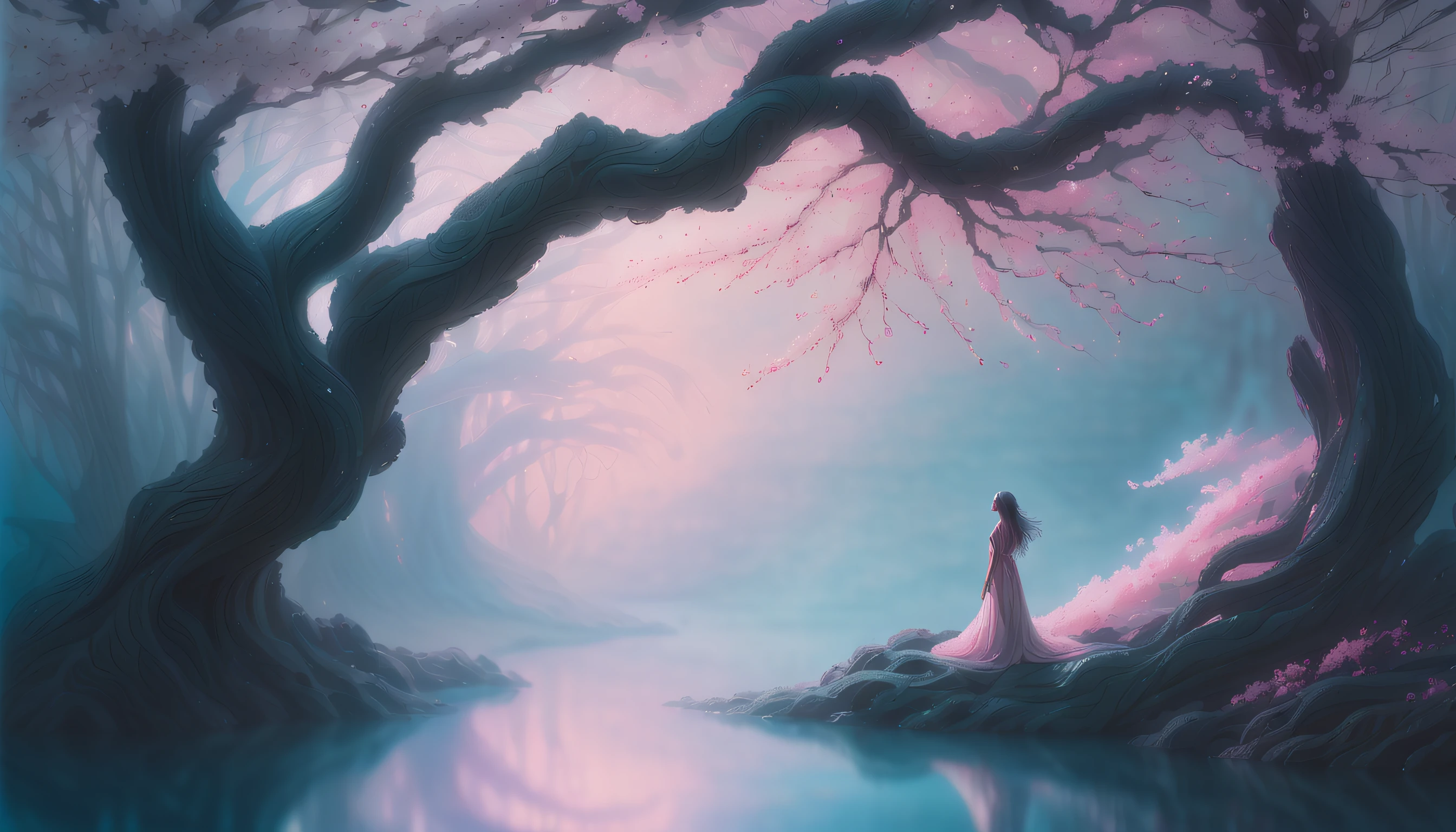 In the soft embrace of the evening, Fantastic hypnotic fantastic forest_punk_A girl comes out of the fog, Spectral shapes outlined by otherworldly radiance, (((The main character of analog high-key photography that combines cherry blossoms and plants_girl with intricate decorations:1.4))), Sculptures that have passed through time、Decorated with shimmering pieces of mist, photographed with the utmost care, A fascinating blend of light and shadow, exudes a dreamlike quality, Each weathered board exudes a nostalgic warmth., Gentle ripples on the water surface reflect a mesmerizing hypnotic effect。. richness of tone, A fantastic atmosphere creates photos, A unique masterpiece that transports the viewer to a bygone era.The power and beauty of the sea、and highly detailed and diverse artwork, Wild and untouched mythical creatures、Captures the essence of the ocean serpent。, Sparkling scales and intense gaze, Rendered with stylistic precision using chalk and light paint. (((intricate detailed fantasy:1.4))), (((ighly detailed:1.3))),