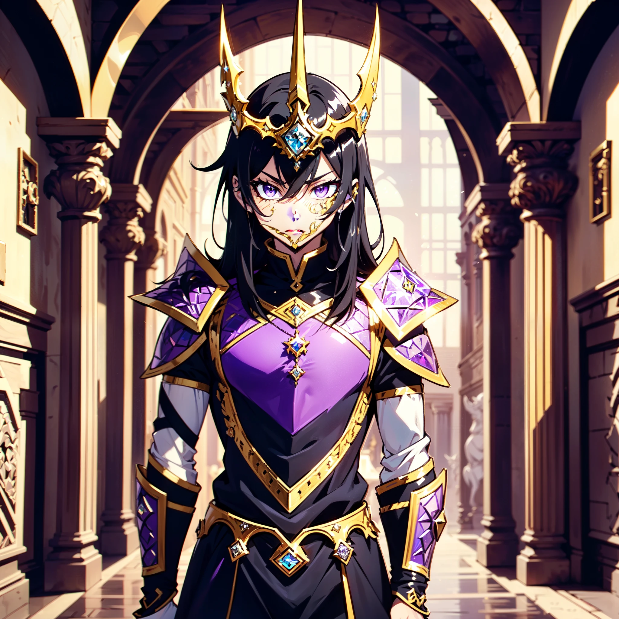 128K Ultra High Definition,
128K Ultra High Quality,
128K Ultra High Resolution,
Best Definition,
Best Quality,
Best Resolution,
Perfectly Detailed,
Perfectly Designed,
Extremely Detailed,
Extremely Designed,
Hyper Detailed,
Hyper Definition,
Hyper Quality,
Hyper Resolution,
Masterpiece,
(((Anime))),
Body Shot,
(((Boy))),
Handsome,
Muscular Body,
(((Black Mid Hair))),
(((Purple Eyes))),
(((Hyper Detailed & Perfectly Designed With Ultra High Quality Diamond Warlord Armor))),
(((Inside Of Medieval Royal Palace Background Scenery))),
