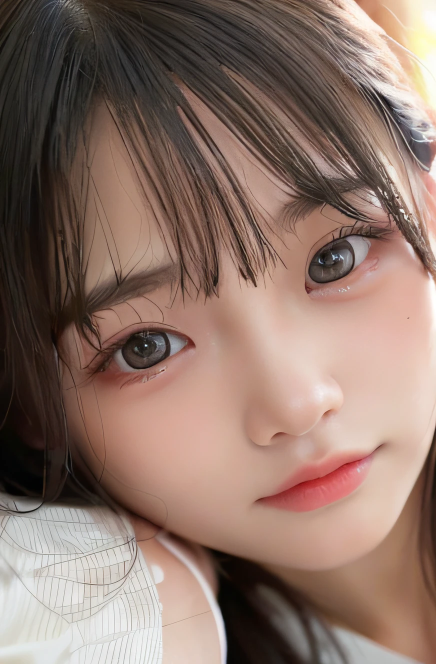 masutepiece, Best Quality, 8K, 15yo student, Teen, Raw photo, award winning portrait, shyly smile, 1girl in, Idol face, Beautiful, extremely pretty, Cute, A Japanese Lady,female idol, round big eyes, drooping eyes, small nostrils, Light makeup, large round eyes, Narrow waist, Delicate girl, Upper body, Digital SLR, 85mm lens, F1.4, (Bokeh:1.1), Looking at Viewer, Candid, Sophisticated, zora々Right, Professional Lighting, (Eyes and faces with detailed:1.0),