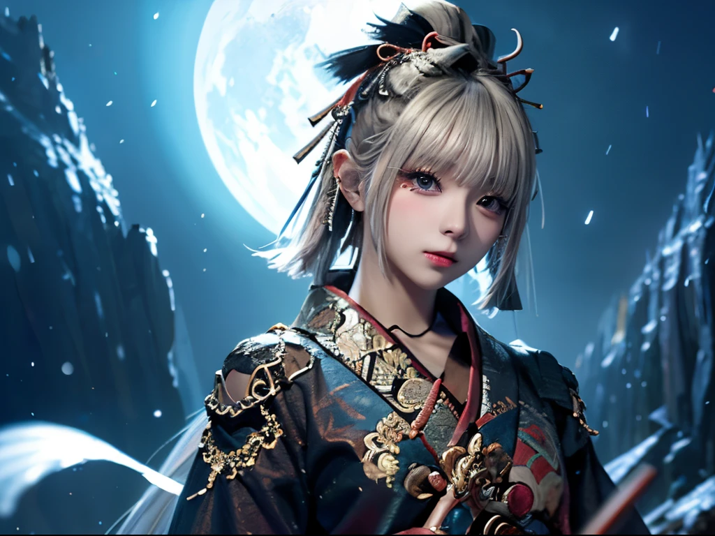 anime - style image of a short-white hair warrior woman with an undraw katana, white costume, emotionless face, Piercing sharp eyes glaring, a character portrait, fantasy art, badass anime, anime wallpaper 4 k, background is a winter japan mountain shrine, ​masterpiece, 1 beautiful girl, Detailed eye, Swollen eyes, top-quality, 超A high resolution, (reality: 1.4), 电影灯光, japanese, an asian beauty, very extremely beautiful, Beautiful skins, A slender, Forward-facing body, (A hyper-realistic), (high resolution), (4K), (highly detailed),( Best Illustration), (beautifully detailed eyes), (ultra-detailed), 详细的脸, Bright lighting, Professional Lighting, distance view