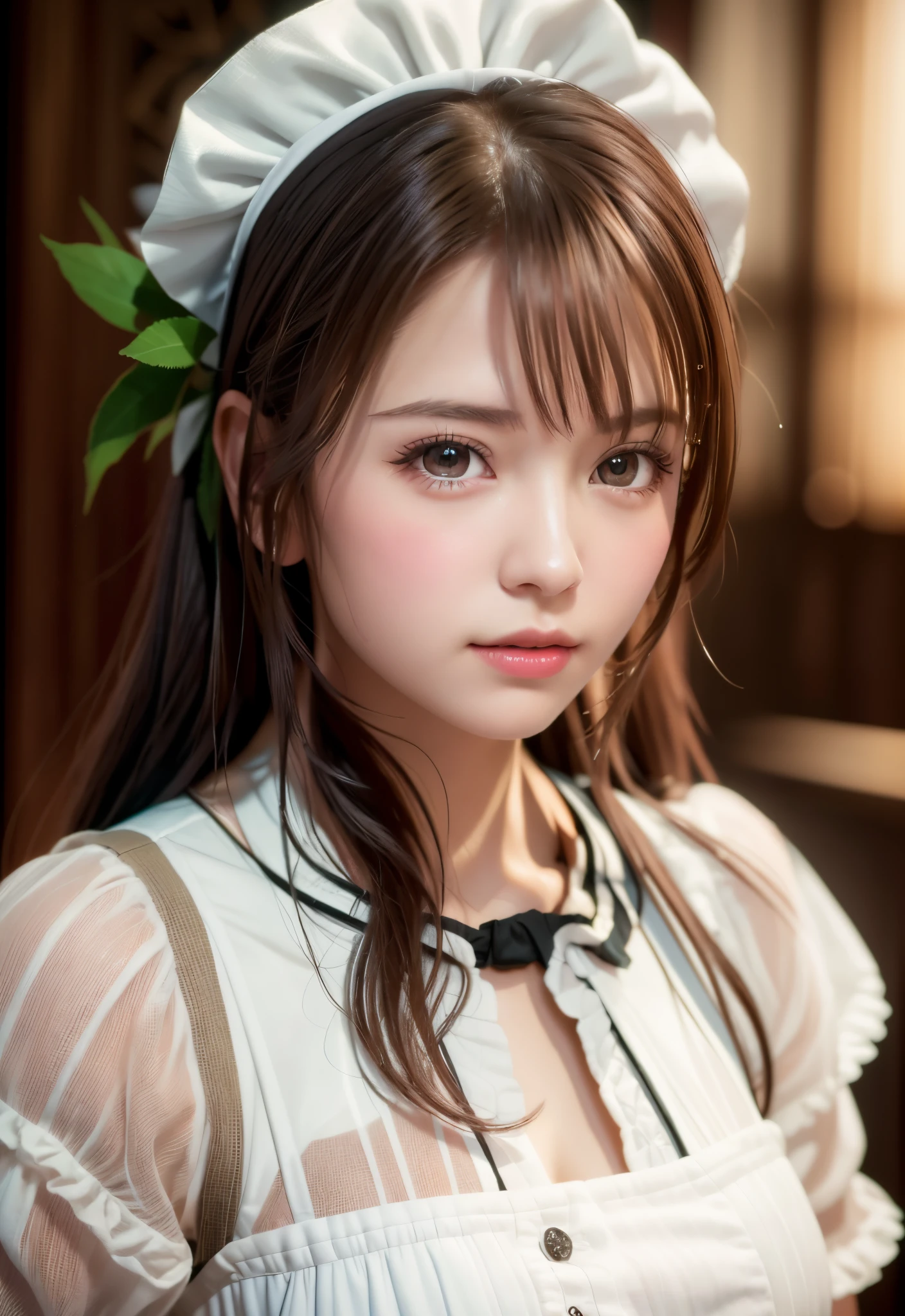 8K, of the highest quality, masutepiece:1.2), (Realistic, Photorealsitic:1.37), of the highest quality, masutepiece, Beautiful young woman, Pensive expression,、A charming、and an inviting look, Cute Maid Clothes, Hair tied back, Cinematic background, Light skin tone