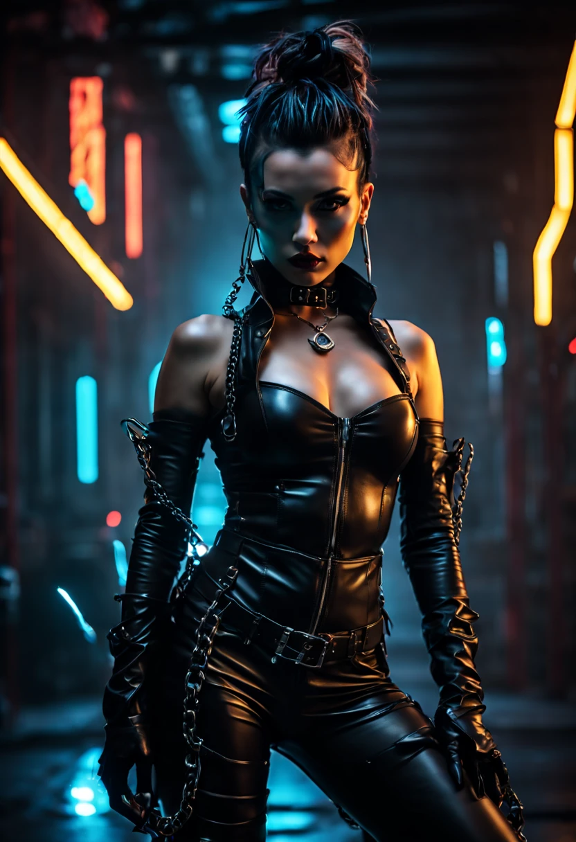 (sexy dominatrix, slim figure, gothic atmosphere:1.1),photo, realistic, (seductive cyberpunk dark fantasy:1.1), (bdsm fantasy:1.1),leather outfit,latex gloves,neck choker,crop,high boots,whip,dark and mysterious setting,chains,dungeon lighting,smoke effects,powerful and confident pose,gothic scheme,vivid and intense expressions,perfect lighting and shadows,ultra-detailed dominatrix outfit,provocative stance,electric neon lights,gritty and futuristic vibe,alluring cybernetic enhancements,edgy and bold hairstyle,strong and dominant personality,erotic tension and allure,exquisite attention to every detail,immersive and captivating composition,striking and intense facial features,emphasized dark and seductive makeup,subtle but powerful body language,highly attractive and elegant appearance
