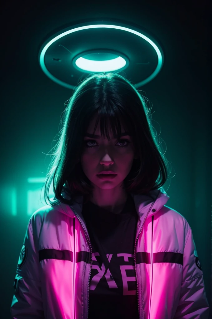 fashion portrait color photograph, woman, upper body, neon lights, x-files, alien abduction