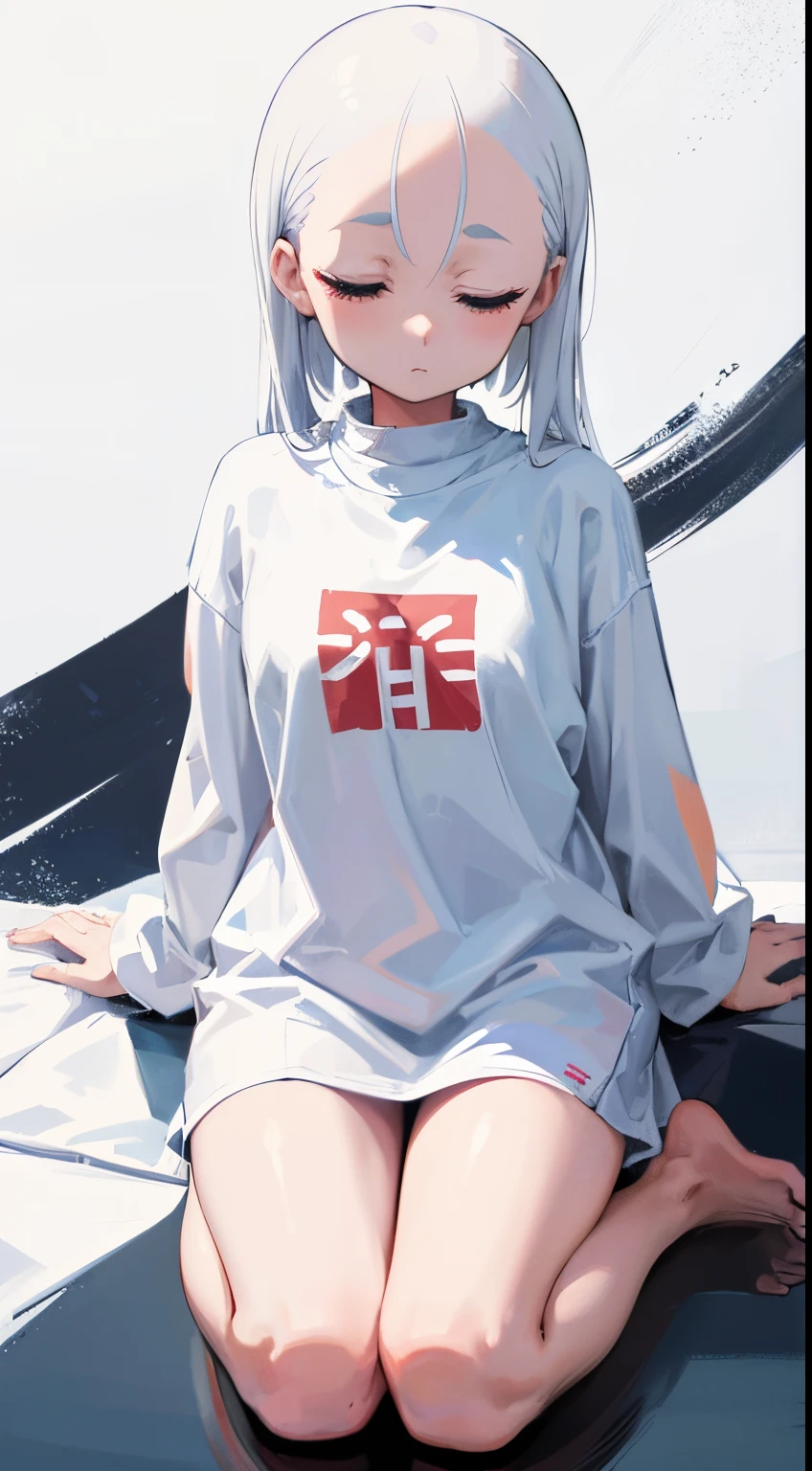 white space background Zazen full body seen Eyes closed frontage Zazen Skinhead Girl Dots on the forehead white t-shirts frontage white backgrounid