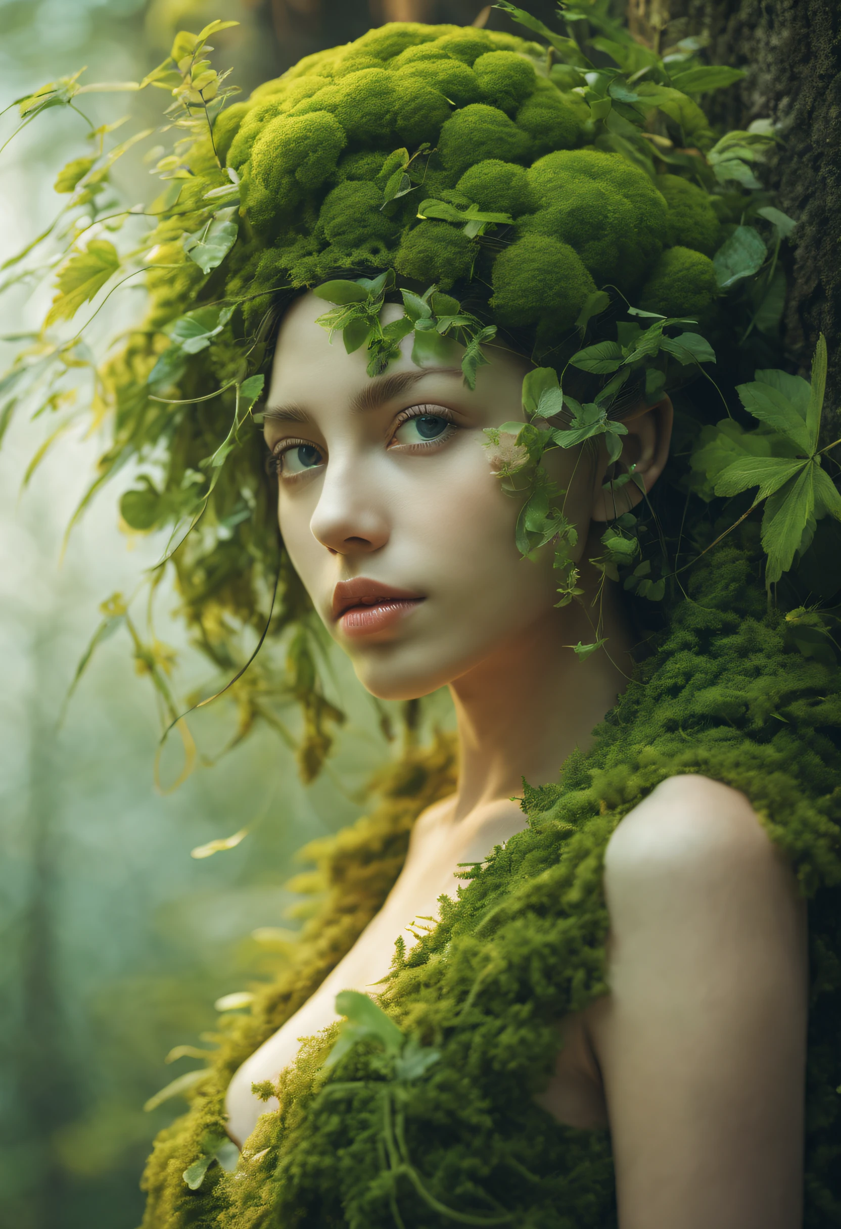invent a creature, connecting a girl with different plants and flowers, leaves and branches of plants form the body of a girl, petite girl'the human body consists entirely of plants, The girl has branches with leaves and flowers growing'With Your Head, Beautiful flowers grow on the girl’s body from intertwining plants..., Plant the girl in the mossy forest, Plant Girl, growing in a mossy meadow, cute face, Detailed girl face, high detail, full pose, full - body, magic world, Fairy-tale world, surrealism, foto realista, Cinematic Photo