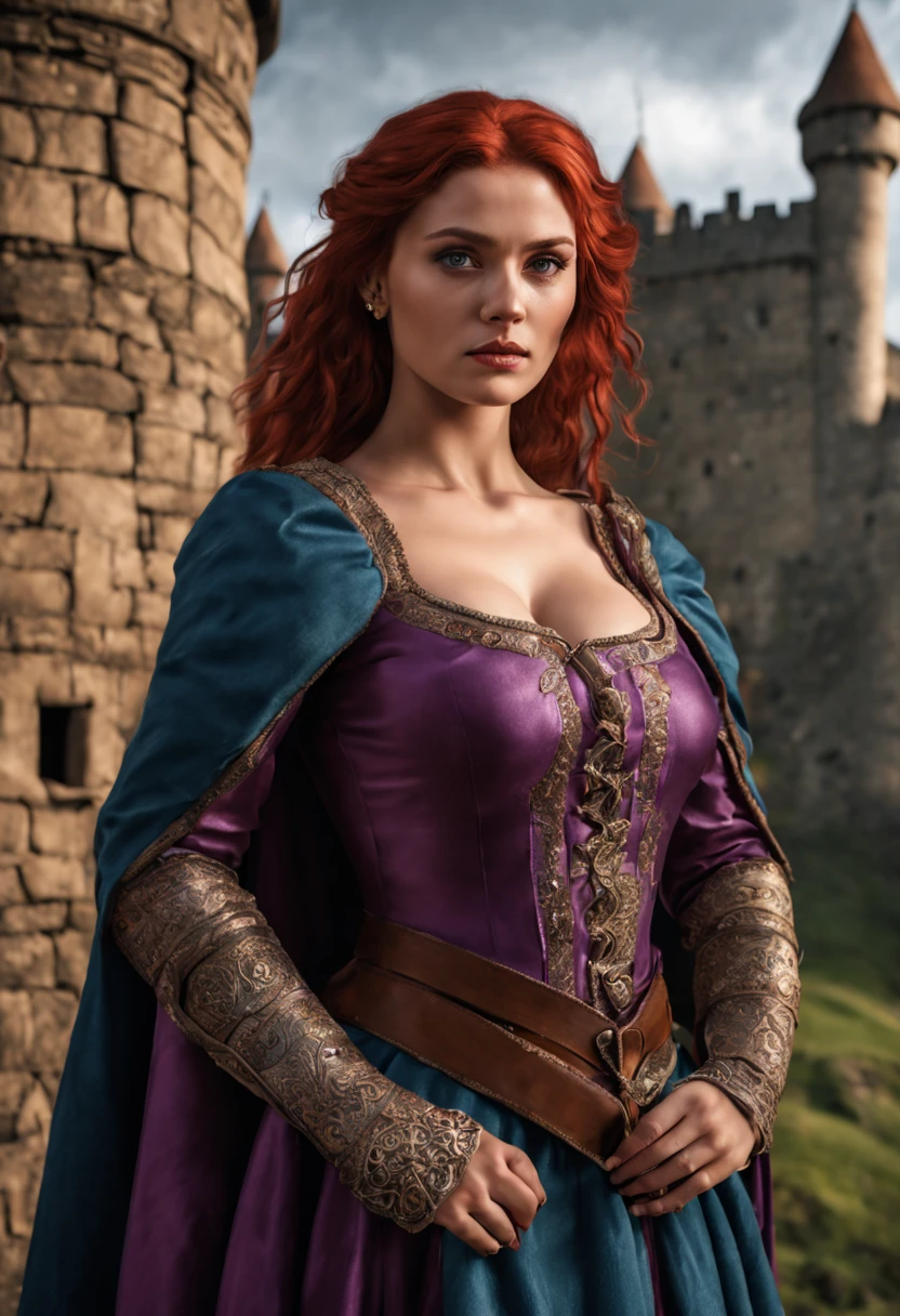 Perfect woman realistic photo, a realistic photo of 30yo medieval woman queen wearing a purple dress, red hair, medieval castle, cold colors,blue eyes, perfect nose, round face, straight eyebrow, cheek bones (1girl), (extremely detailed CG unity 8k wallpaper), photo of the most beautiful artwork in the world, professional majestic, (big-breasted:1.5) (photography by Steve McCurry), 8k uhd, dslr, soft lighting, high quality, film grain, Fujifilm 6T3 sharp focus, f 5.6, High Detail, Sharp focus, dramatic, (looking at viewer:1.2), (detailed pupils:1.3), (natural light), full body.Nikon D850 |, Spring the 85 mm –q 2 –s 750