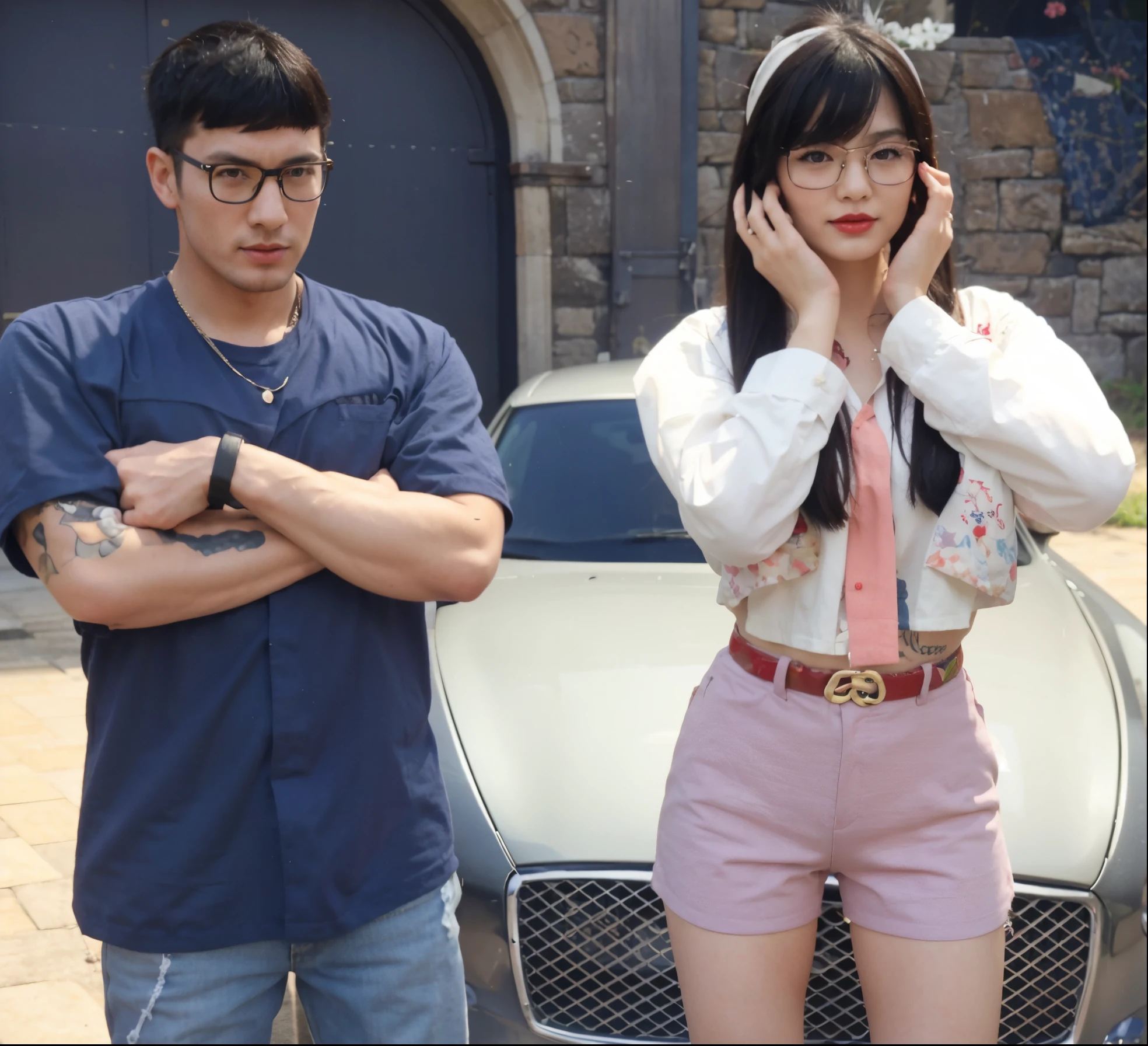 Real Japan cute girl with red lips and handsome British man with tatto on his arms