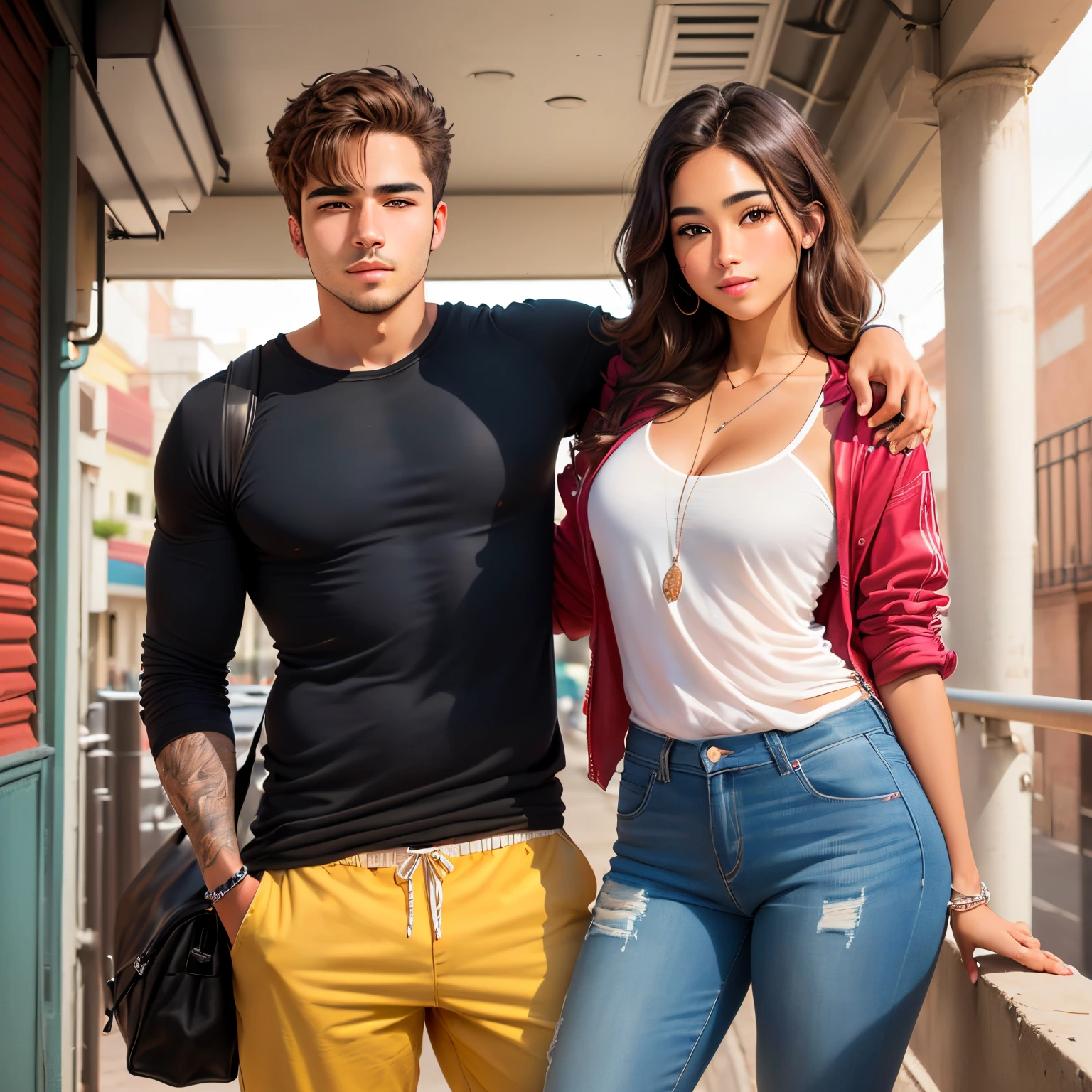 Create a real photo of me a 5’7 Cuban guys pretty built brown hair brown eyes posing as if I’m with my girlfriend who is a 5’3 Latino girl with brown eyes brown hair and tan skin