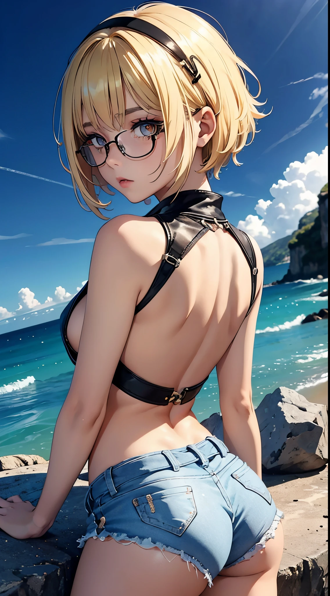 1girl, franja, ombros apertados, Corpo de , Menionde hair, short hair, olhos amarelos, seios, clivagem, boca sensual, seios pequenos, bunda de frente para o espectador, back to screen, sorrir, tenso, micro shorts 1.4, Ultra HD, Imagem 4k, glasses, character near the camera, lightning clip in hair