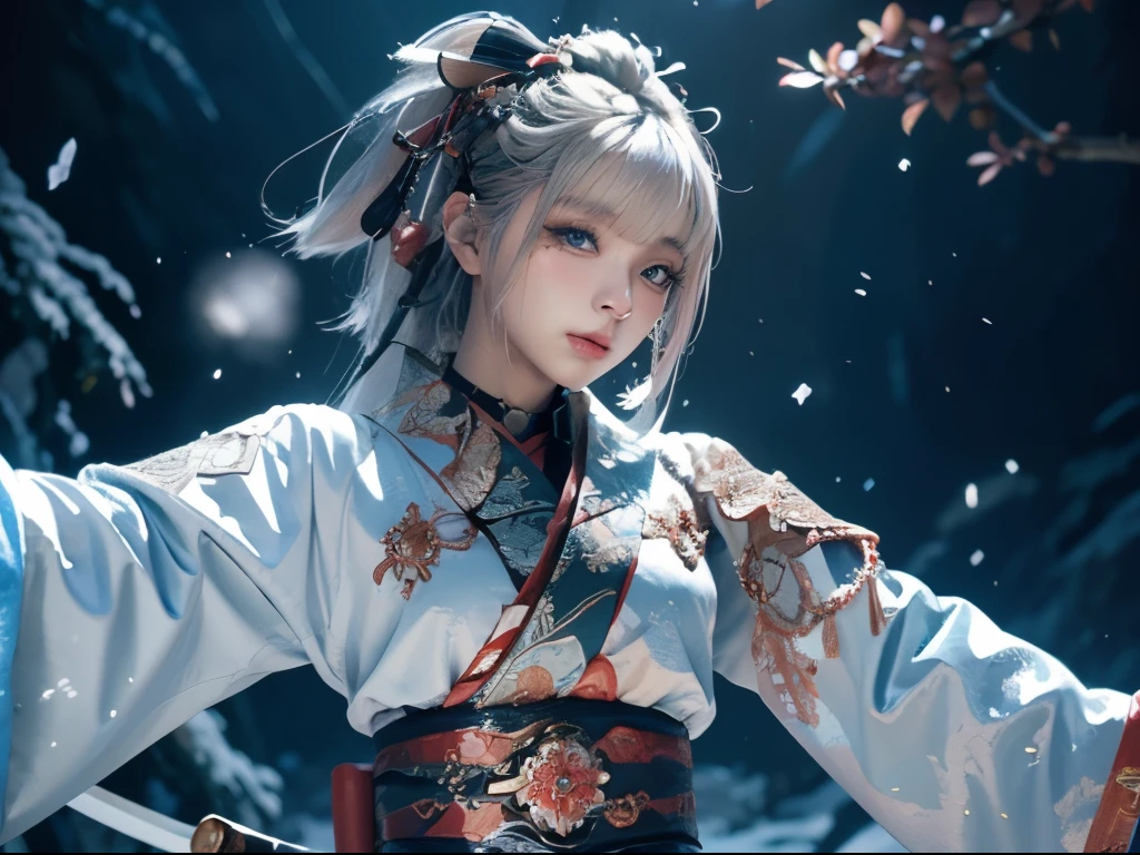 anime - style image of a short-white hair warrior woman with an undraw katana, white costume, a character portrait, fantasy art, badass anime, anime wallpaper 4 k, background is a winter japanese mountain shrine, fighting pose,​masterpiece, 1 beautiful girl, Detailed eye, Swollen eyes, top-quality, 超A high resolution, (reality: 1.4), 电影灯光, japanese, a asian beauty, very extremely beautiful, Beautiful skins, A slender, Forward-facing body, (A hyper-realistic), (hight resolution), (4K), (ighly detailed),( Best Illustration), (beautifully detailed eyes), (ultra-detailliert), 详细的脸, Bright lighting, Professional Lighting,