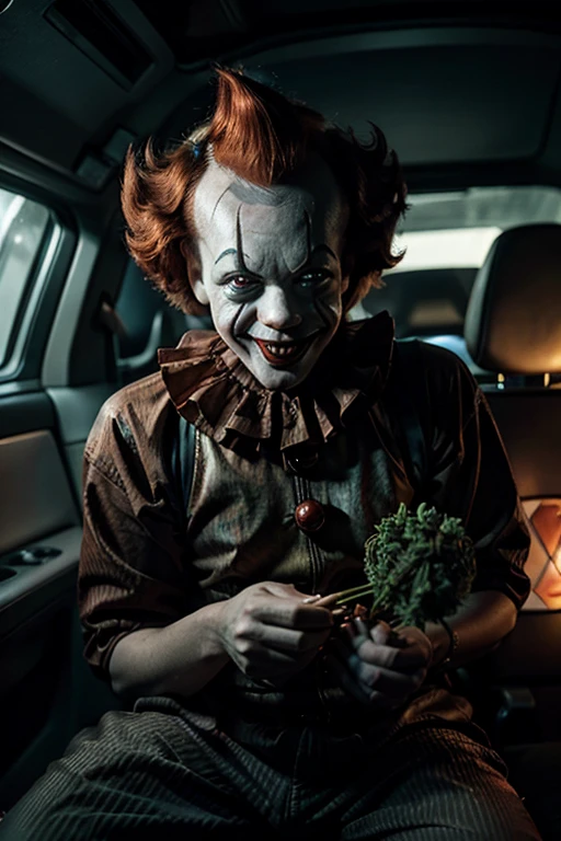 Pennywise the clown holds a marijuana bush in his hands in a spaceship, A big smile