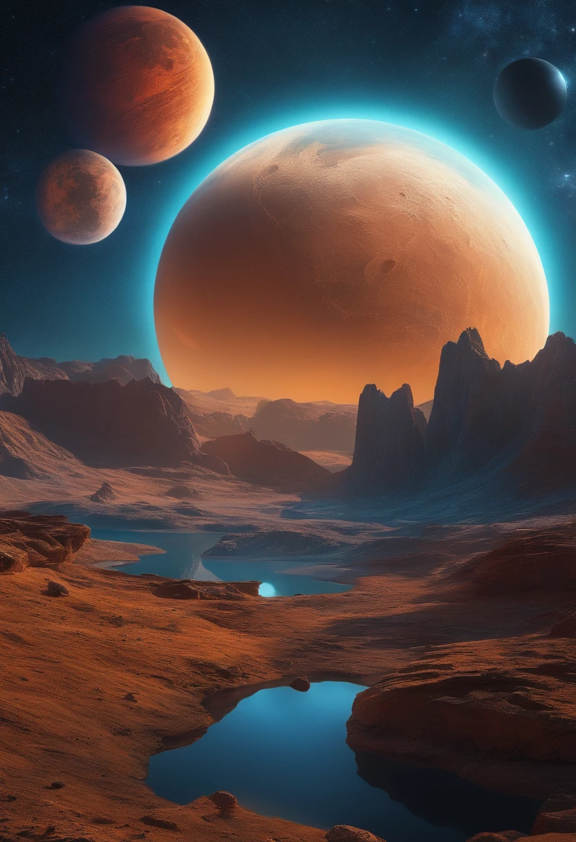 Awesome bright colors, ighly detailed, The perfect world, Reflective surfaces, Subsurface Dispersion, Beyond imagination, in 8K, wide angles、World of science fiction、kosmos、planetes、a moon、Star Trek