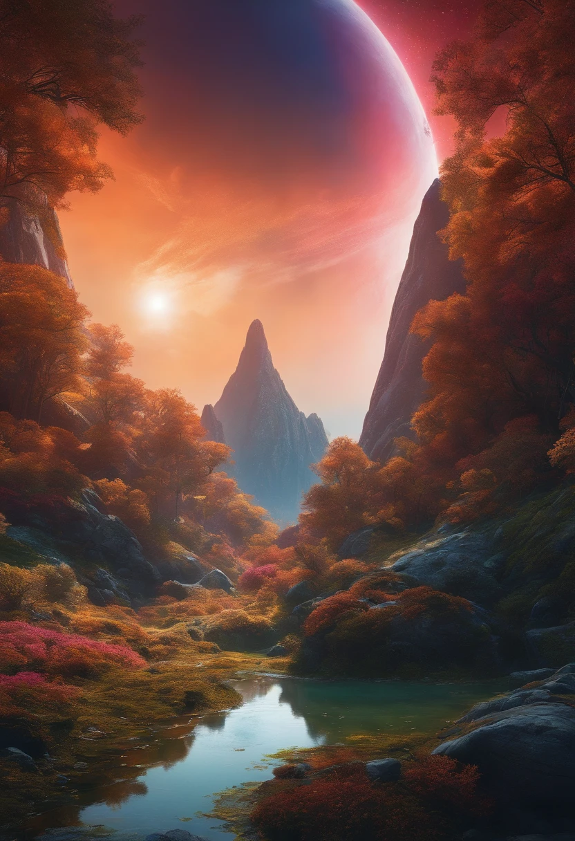 Awesome bright colors, ighly detailed, The perfect world, Reflective surfaces, Subsurface Dispersion, Beyond imagination, in 8K, wide angles、World of science fiction、kosmos、planetes、a moon、Star Trek