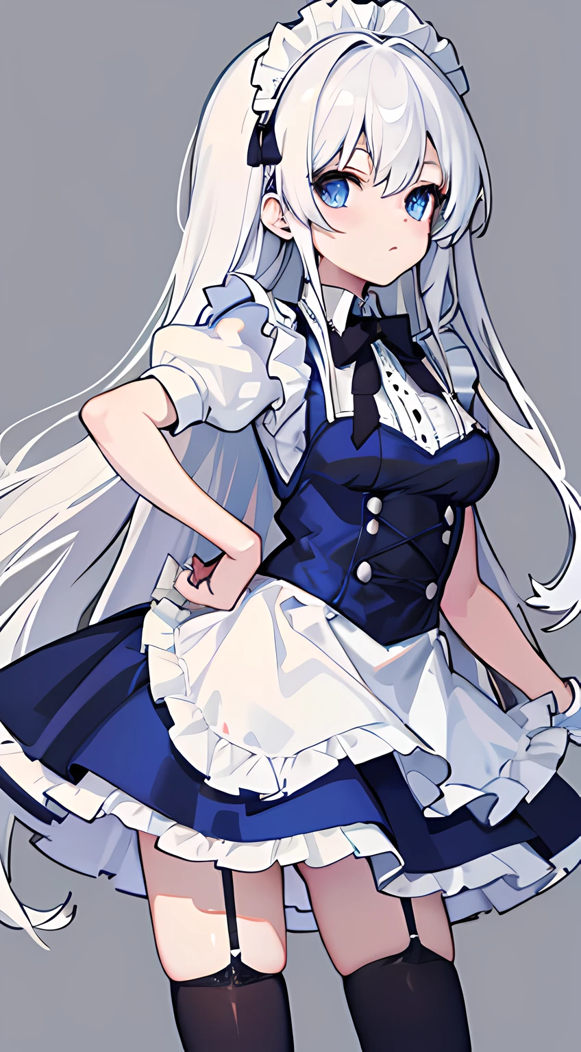 white long staight hair, blue eyes, maid outfit, black stockings, skinniy