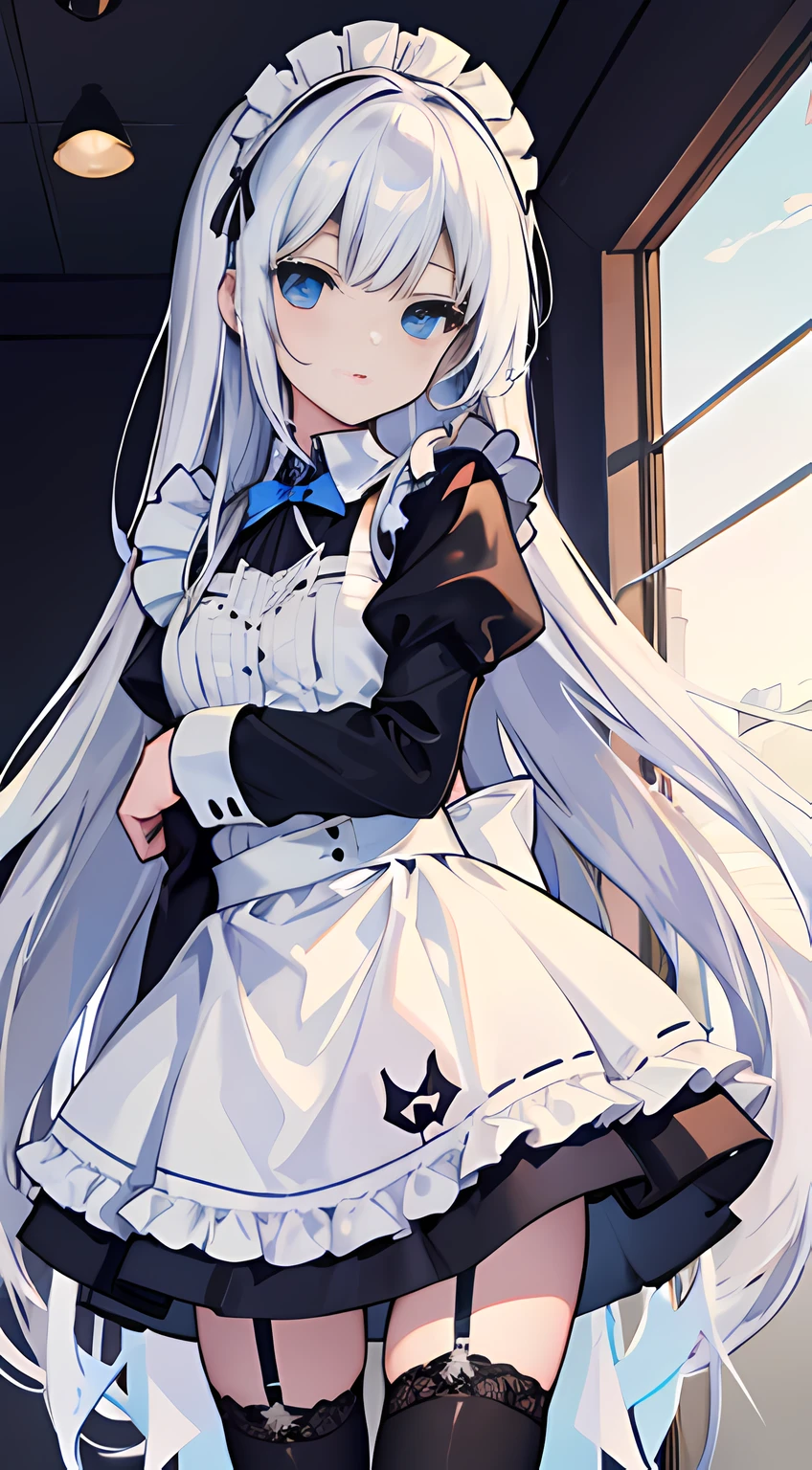 white long staight hair, blue eyes, maid outfit, black stockings, skinniy