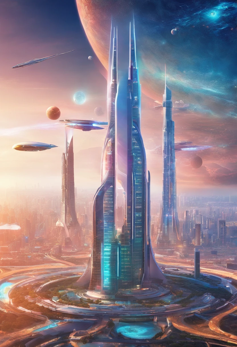 cyberpunked、Futuristic skyline with skyscrapers,超A high resolution,planet earth,SFart by,glass skyscraper,Space City,Epcot,A world far beyond human imagination,Buildings far beyond human imagination,built,dream,masterpiece,