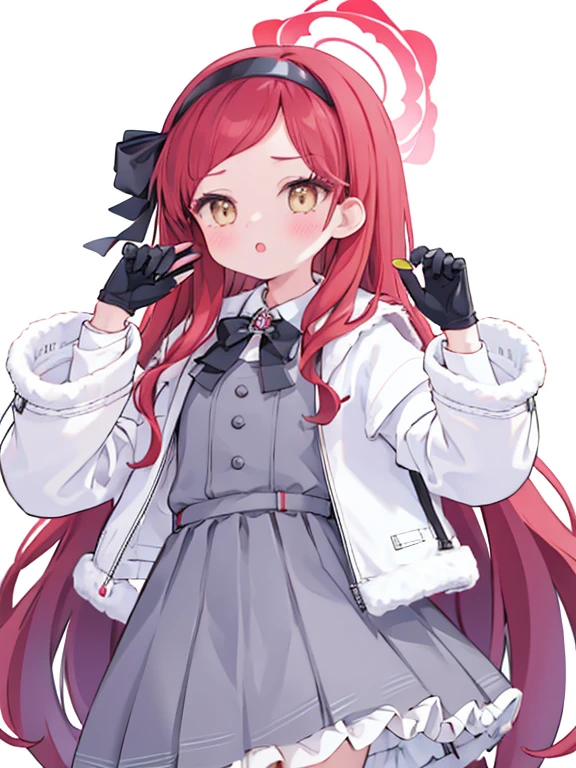 takane, 1girl, solo, gloves, holding bag, looking at viewer, white background, fur trim, halo, blush, simple background, holding, black bow, bag, bow, long sleeves, bowtie, jacket, coat, :o, ribbon, parted lips, black ribbon, black bowtie, hand up, cowboy shot, skirt, collared shirt, dress, white jacket, white coat, shirt, hairband