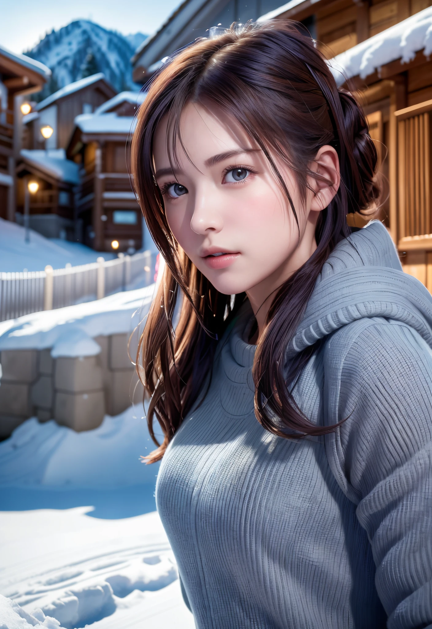 8K, of the highest quality, masutepiece:1.2), (Realistic, Photorealsitic:1.37), of the highest quality, masutepiece, Beautiful young woman, Pensive expression,、A charming、and an inviting look, skiing、snowboarder、Ski Wear, Hair tied back, Cinematic background, Light skin tone、Ski Resort Background