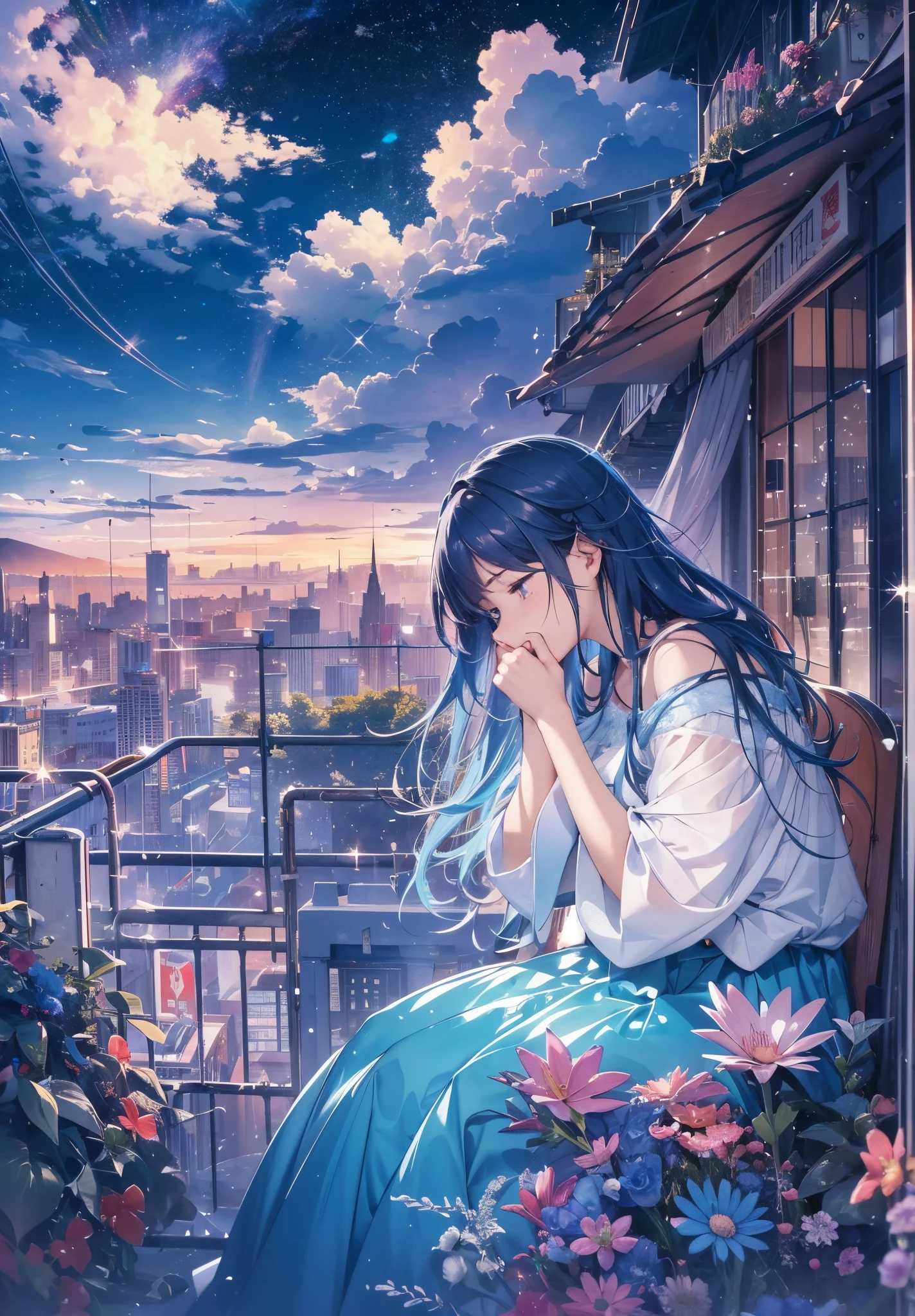 top-quality,(Masterpiece 1.4),1womanl,独奏,(abstract  art:1.4),(Superb view:1.6),(A sparkling blue world:1.4),There is a beautiful woman at the center of the world,A ray of light,prisma,Please wear'please don't cry now,dong'don't leave this feeling behind, more embarrassing than yesterday, Break down,the rain has completely stopped、on that road, Only the dry light sways quietly,our kiss,If you repeat it over and over again, it will break easily like glass..,Our never-sleeping love has nowhere to go,Like fluff floating in space,I'm crying. When a hot impulse blows into my chest, The flow of time and the stopping of water. Hey, With a trembling feeling,i'i'm still in a dream,classic blue,Tears are overflowing,If a miracle blows into this passionate heart, I could have stayed honest..,My trembling feelings for the person I love are still alive If a strong wind blows somewhere in this town, it's going to be a sad day々Colored by the beautiful sky,