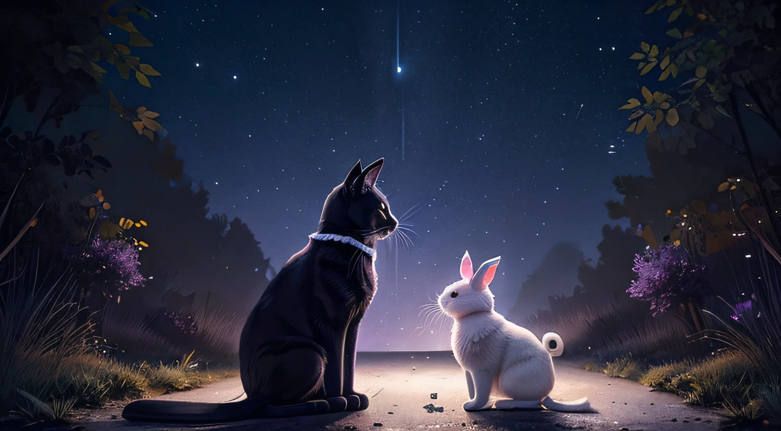 Debajo del dosel repleto de estrellas del cielo nocturno, a lonely black cat and a gentle white rabbit find themselves in perfect nocturnal harmony. Their contrasting fur creates a captivating scene against the cold., azules profundos y morados de la noche, while the fireflies dance around him.