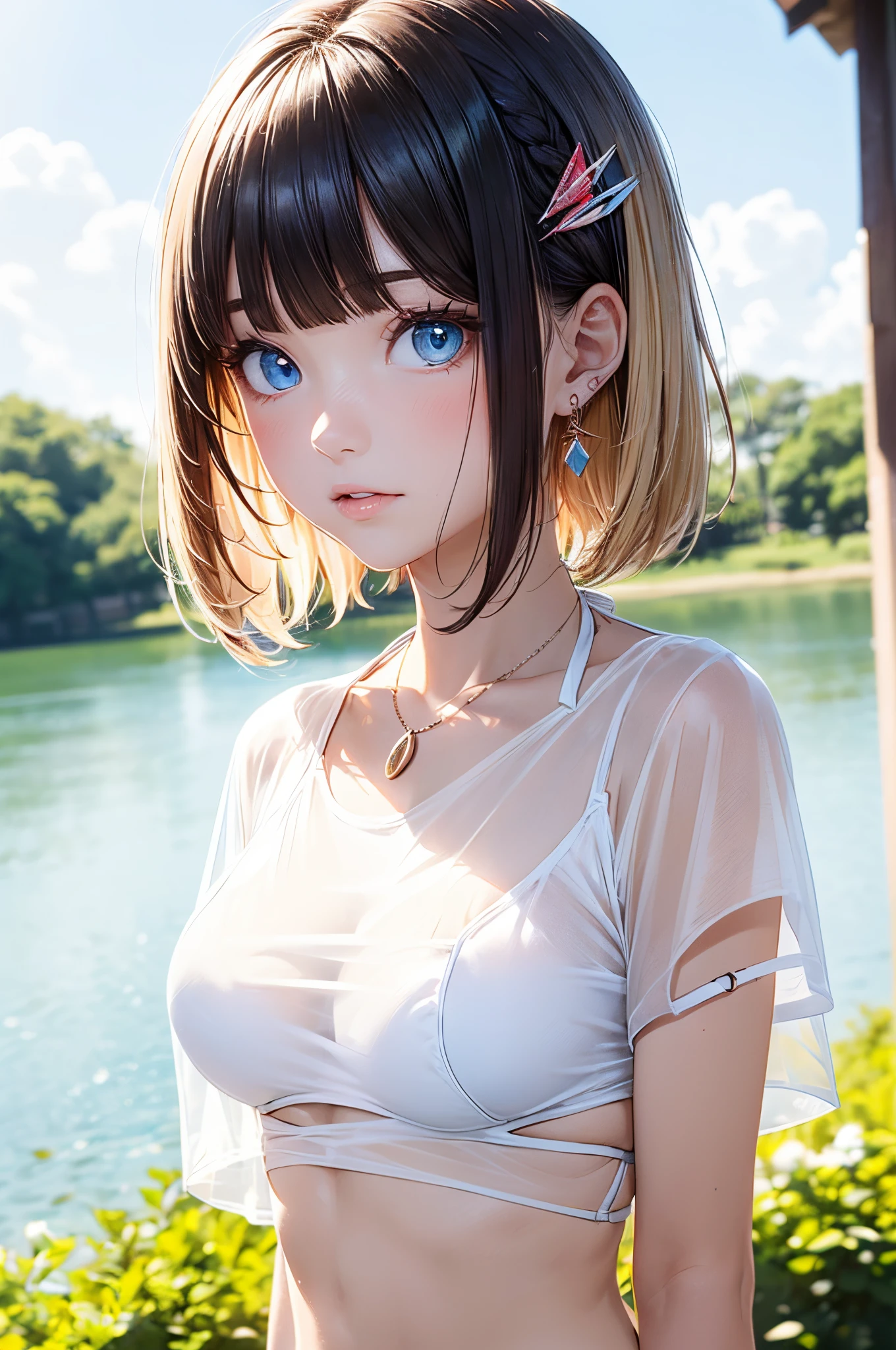 absurderes,(masuter piece:1,4) ultra-detailliert,bright colour, (White Bikini:1.4),(thin see-through T-shirt:1.5),(Surprise and anxiety:1.4),extremely beautiful detailed anime face and eyes, view straight on, ;D, shiny_skin,25 years old, Short hair, , asymmetrical bangs, Blonde hair with short twin tails,(Hair parted in the middle:1.3), Shiny hair, Delicate beautiful face, red blush、Blue eyes, White skin, hair clips, earrings, a necklace,  Beautiful cloud, Blue summer sky、A park full of nature