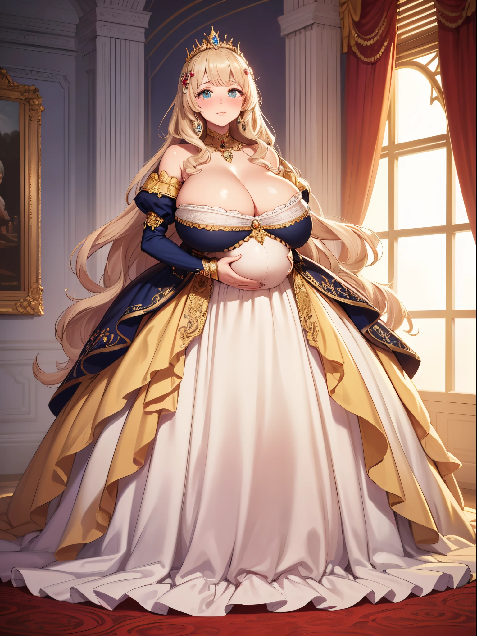 ultra-detailed, extremely detailed,((anime artstyle)),Masterpiece,(Best Quality),(Super Detail),(Very Delicate and Beautiful),((Solo)),(((full body))),full body,((detailed face and eyes)),perfect eyes, rendered eyes,jewel-like beautiful eyes,((embarrassed,blush)),((1 pregnant queen in beautiful embroidery and jeweled gorgeous rococo ballgown with voluminous full length hoop skirt)),(((heavily pregnant))),((Crinoline,luxurious ruffles)),beautiful embroidery and jeweled gorgeous rococo ballgown with voluminous full length hoop skirt,(large amount of straight hair,extremely voluminous Very Long straight Hair,Absolutely Long Straight Hair),(((very gigantic boobs))),skindentation,Bursting breasts,cleavage,((fantasy castle)),long_gloves,extremely gorgeousfull jeweled hair ornament,(bling-bling extremely gorgeousfull jeweled tiara),(luxurious jewelry),full body,beautiful embroidery and jeweled gorgeous rococo princess ballgown with voluminous full length hoop skirt