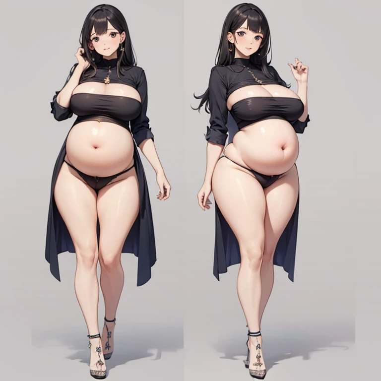 Full body, pregnant, huge belly, huge breasts, thick thighs, very thight clothes, high heels, best quality