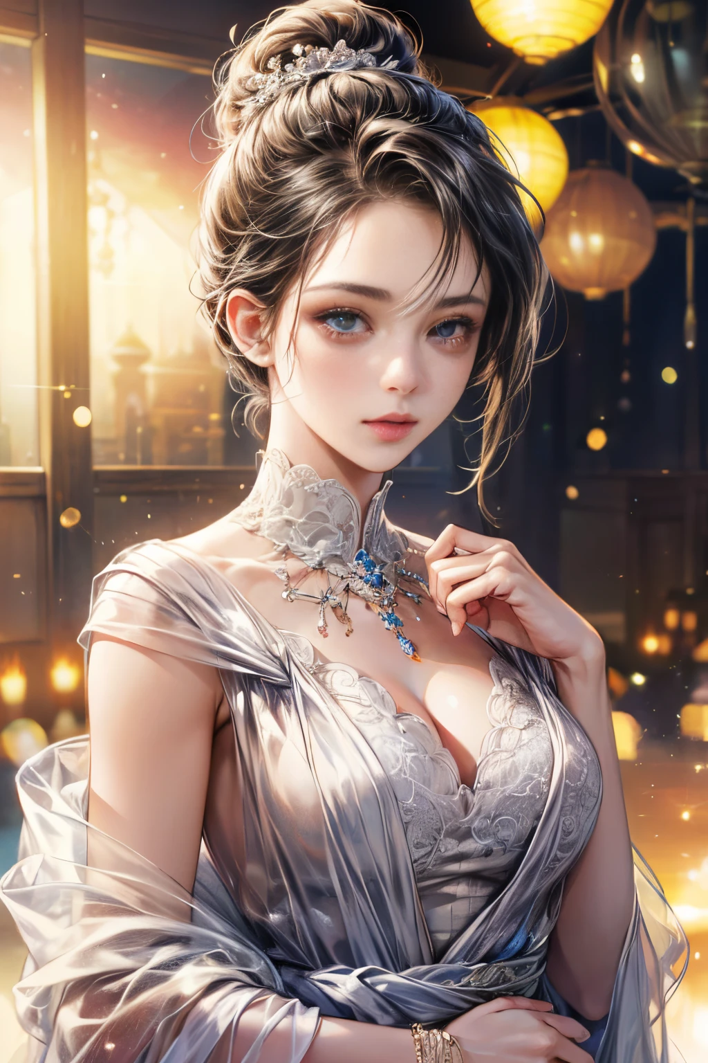 Masterpiece, Best quality
Portrait of a beautiful princess, Hair tied in a bun, Detailed eyes, Medium breasts, Silk dress, posing on a, Outdoors,
voluminetric lighting, particle fx