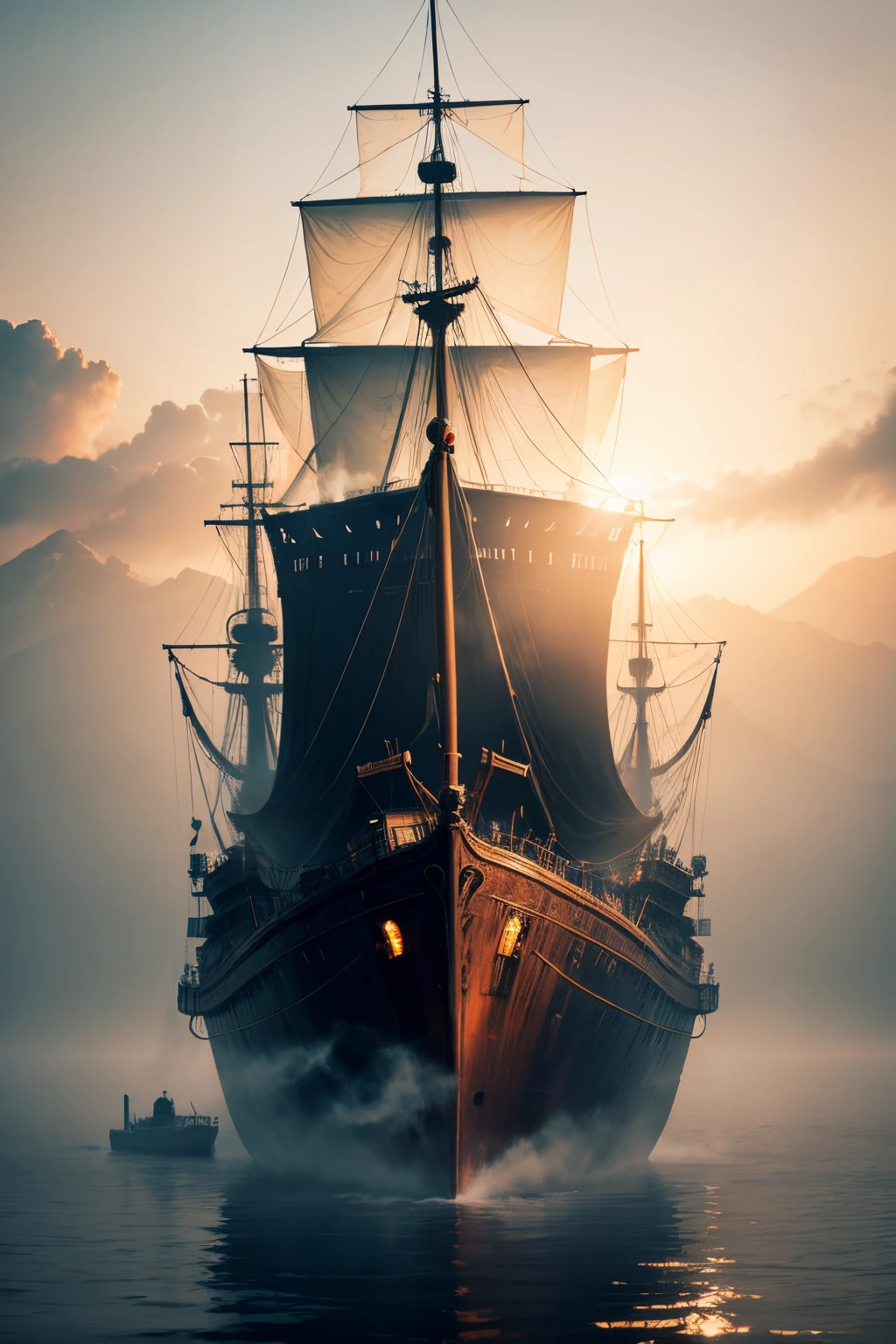 Floating ghost ship emerging from the mist at dawn uigh detailed