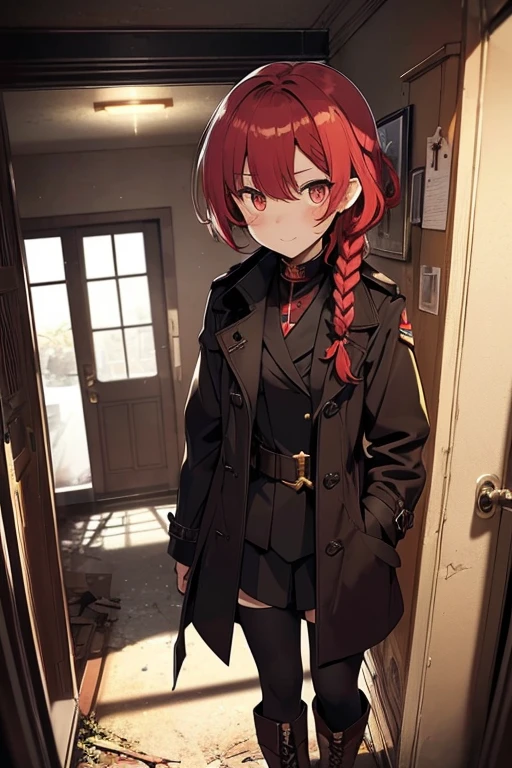 fluffy hair,Red hair,((Braided shorthair)),Slightly red tide,((Gold eyes)),(Black military uniform), a black ribbon, Staring at me, Smile with a kind face, ,((a dark night)),((dark apartment late at night)),(((Trembling girl ))),(Brown boots),((In front of the front door of an old apartment)),(A dimly lit ruin where the light bulbs seem to go out.),(aisle),((In front of the entrance)),((Black Long Trench Coat)),swollen face,A face that looks like it's turned away,(((close up of face))),((Perspective from above)),((Please open the front of your coat and let me see...........)),