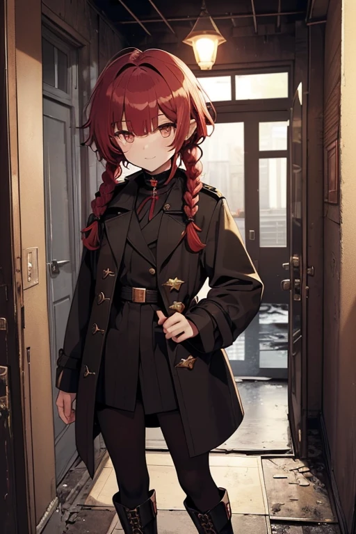 fluffy hair,Red hair,((Braided shorthair)),Slightly red tide,((Gold eyes)),(Black military uniform), a black ribbon, Staring at me, Smile with a kind face, ,((a dark night)),((dark apartment late at night)),(((Trembling girl ))),(Brown boots),((In front of the front door of an old apartment)),(A dimly lit ruin where the light bulbs seem to go out.),(aisle),((In front of the entrance)),((Black Long Trench Coat)),swollen face,A face that looks like it's turned away,(((close up of face))),((Perspective from above)),((Please open the front of your coat and let me see...........)),