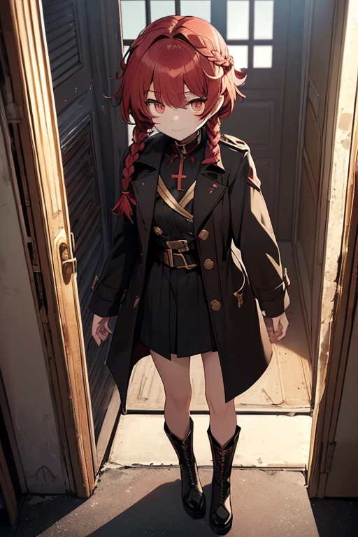 fluffy hair,Red hair,((Braided shorthair)),Slightly red tide,((Gold eyes)),(Black military uniform), a black ribbon, Staring at me, Smile with a kind face, ,((a dark night)),((dark apartment late at night)),(((Trembling girl ))),(Brown boots),((In front of the front door of an old apartment)),(A dimly lit ruin where the light bulbs seem to go out.),(aisle),((In front of the entrance)),((Black Long Trench Coat)),swollen face,A face that looks like it's turned away,(((close up of face))),((Perspective from above)),((Please open the front of your coat and let me see...........)),