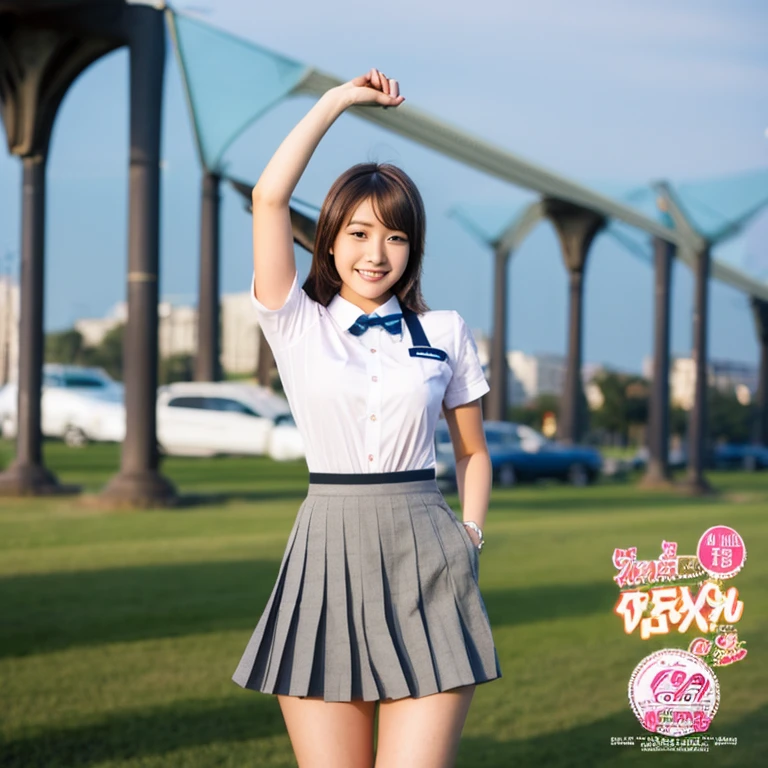 17 age,Wearing a uniform,a miniskirt,The skirt is flipping in the wind,Pants are visible,large boob