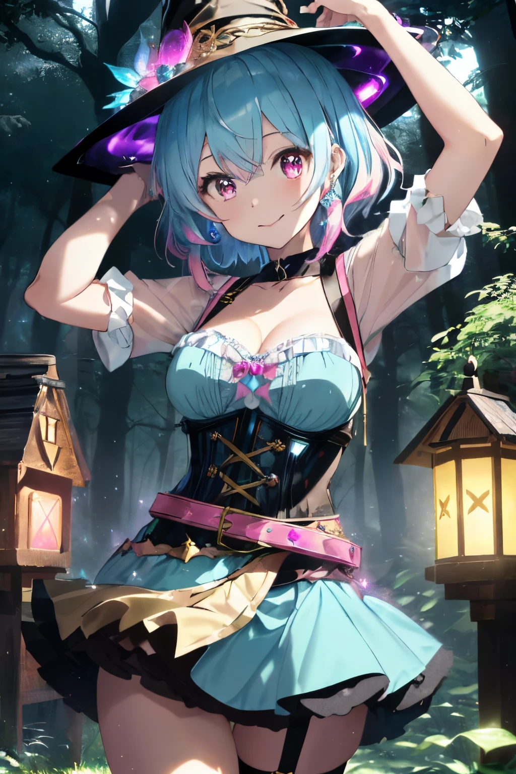 ((Black Night Forest)),(colorful glowing lantern),fluffy hair,((Mixed hair of light gold and light blue)),((short-hair)),Slightly red tide,((Pink eyes)),(Sparkling colorful illuminations),(A house with a strange shape々In the woods lined with),((Idol style costume with soft volume)),((corsets)),((Harness belt)),((gorgeous wizard hat)),((the witch)),smile and show your tongue,Kamimei,((dance with light steps)),(Dynamic movement),