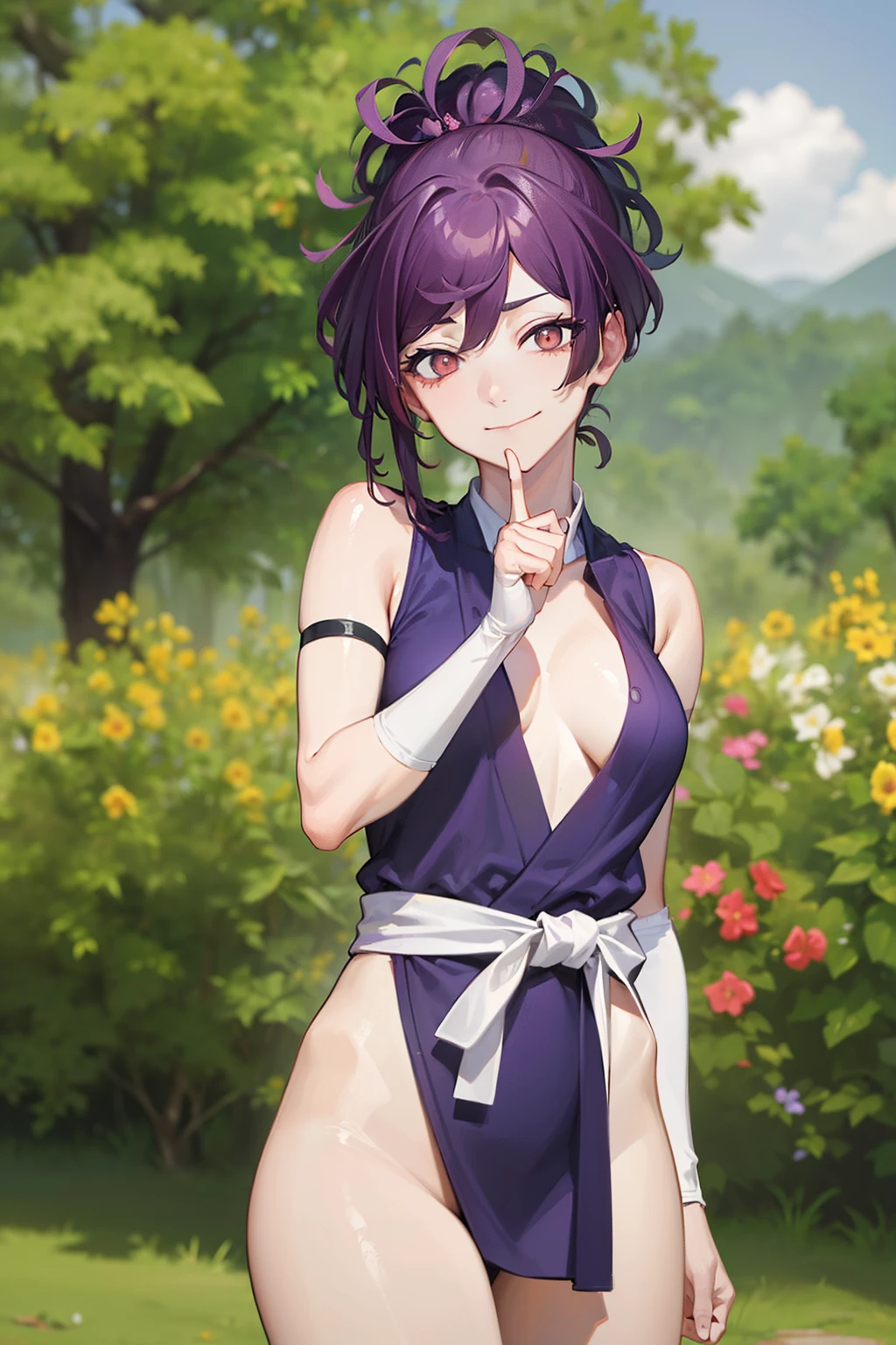 (Best quality at best:1.1), (tmasterpiece:1.2), sportrait, 1个Giant Breast Girl, yuzuriha_(earthly bliss), Purple colored hair, Brown eyes, ninjartist, Open your clothes, Chopping, little breast, Top knot, Medium hair, breasts parted, white sash, pervert smirk, Outdoor activities, (Be red in the face:1.1), blossoms (National Security Work Week 1.5)