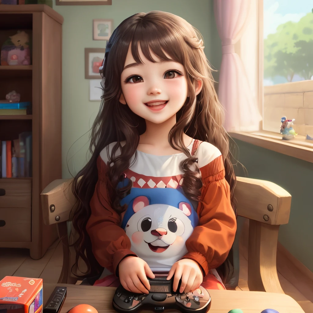 child,female,brown eyes,long hair,happy,cartoon,anime,cute,game,game play,control,hedset,