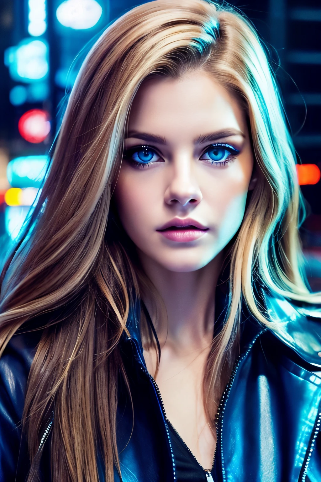 Real Women、Face Barbara Palvin、Longhaire、Blue eyes、a blond、american jacket、World of Cyberpunk、