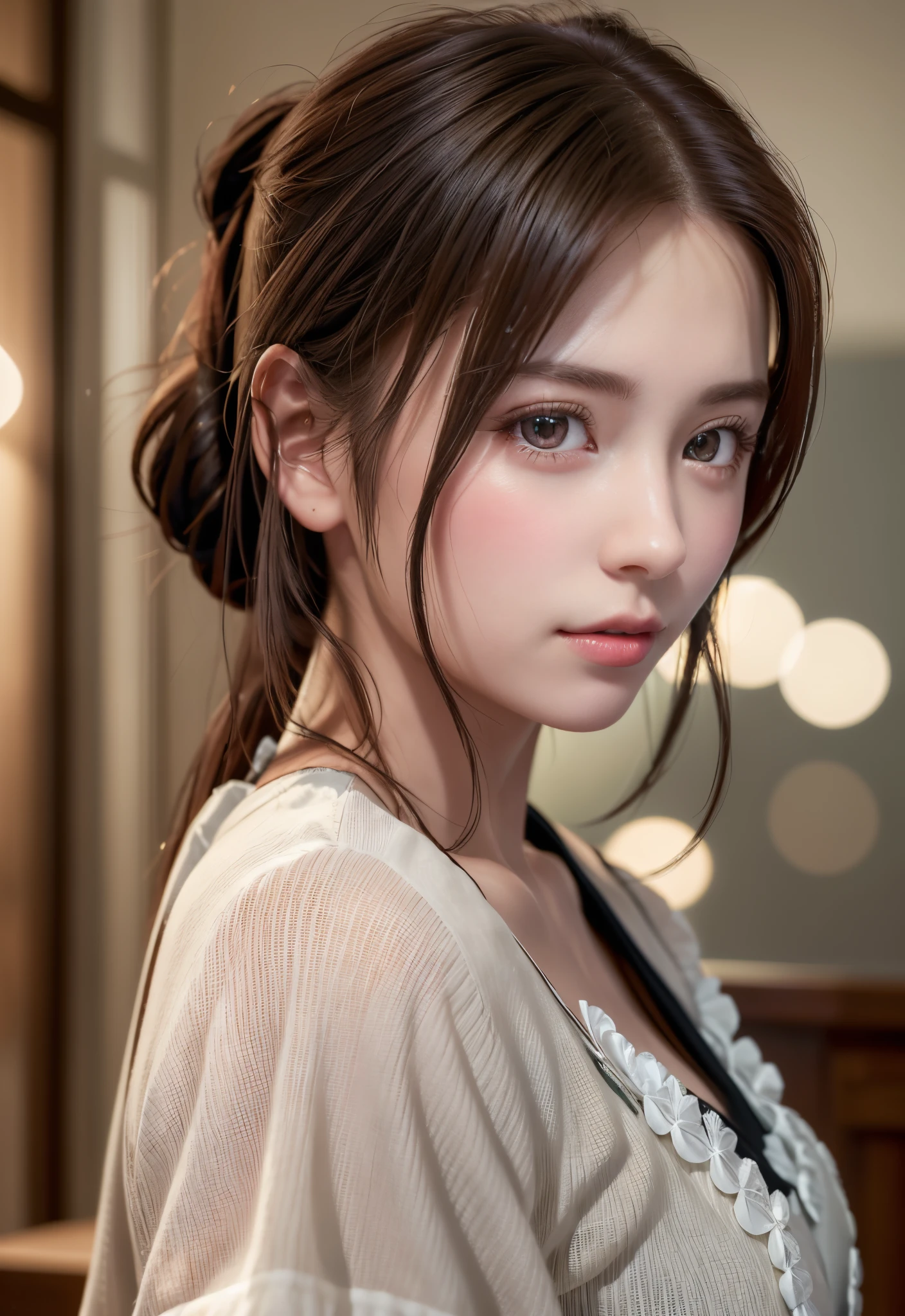 8K, of the highest quality, masutepiece:1.2), (Realistic, Photorealsitic:1.37), of the highest quality, masutepiece, Beautiful young woman, Pensive expression,、A charming、and an inviting look, Cute Maid Clothes, Hair tied back, Cinematic background, Light skin tone