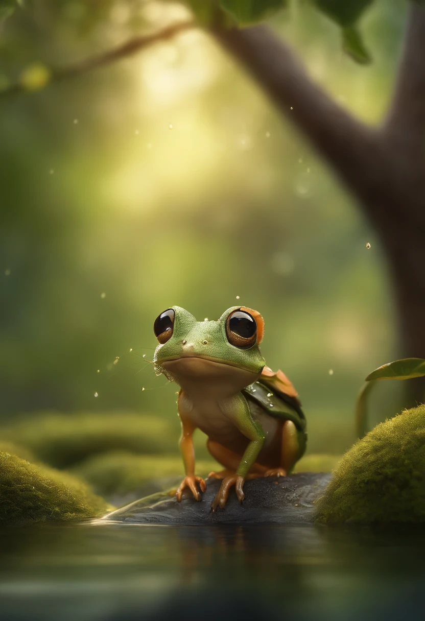 真实感, Realism, Close up of cute tiny fireflies around a huge oak tree, Morning lighting, dew, illuminate the bush, a detailed painting, cgsociety, Detailed painting, artstation hd, high detail, cgsociety, photo realism, Concept art, artstation hd, official arts, bokeh ,真实感, Realism, Cute alien creatures, look like gremlins,Tiny creatures, big eyes, large ears, acorn hat on head, stands under the crown of an oak tree by the water, touches water with fingers, Raindrops, Sverchkov, there are acorns in the clearing,