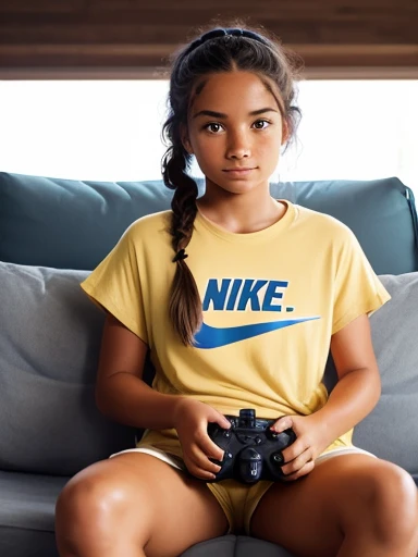 1girl. Tan skin, freckles on nose, freckles on cheeks, dark brown hair, wavy hair, hair braid, Nike shirt, sweatpants, twenty years old, playing video games on the couch,