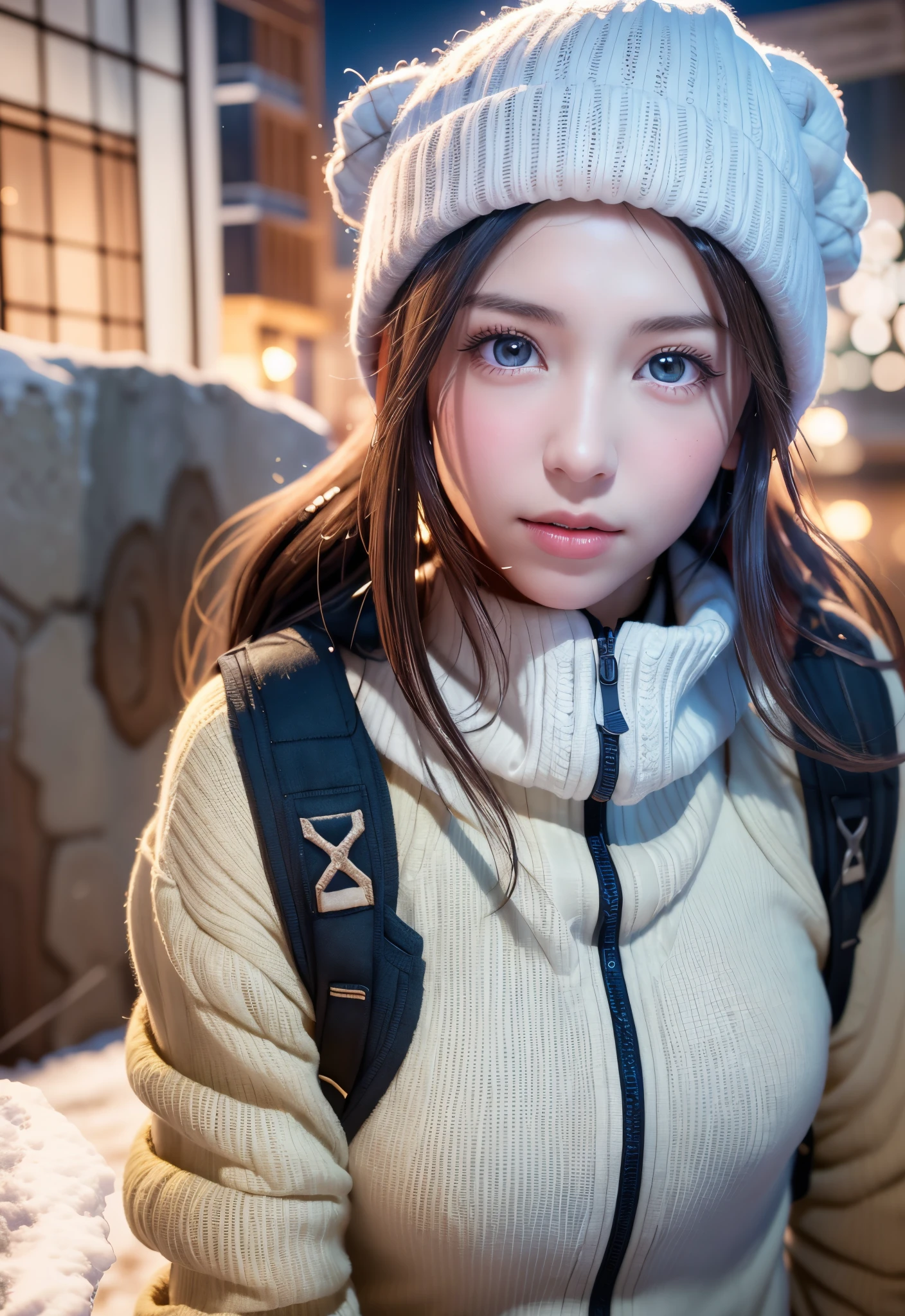 8K, of the highest quality, masutepiece:1.2), (Realistic, Photorealsitic:1.37), of the highest quality, masutepiece, Beautiful young woman, Pensive expression,、A charming、and an inviting look, skiing、snowboarder、Ski Wear, Hair tied back, Cinematic background, Light skin tone、Ski Resort Background