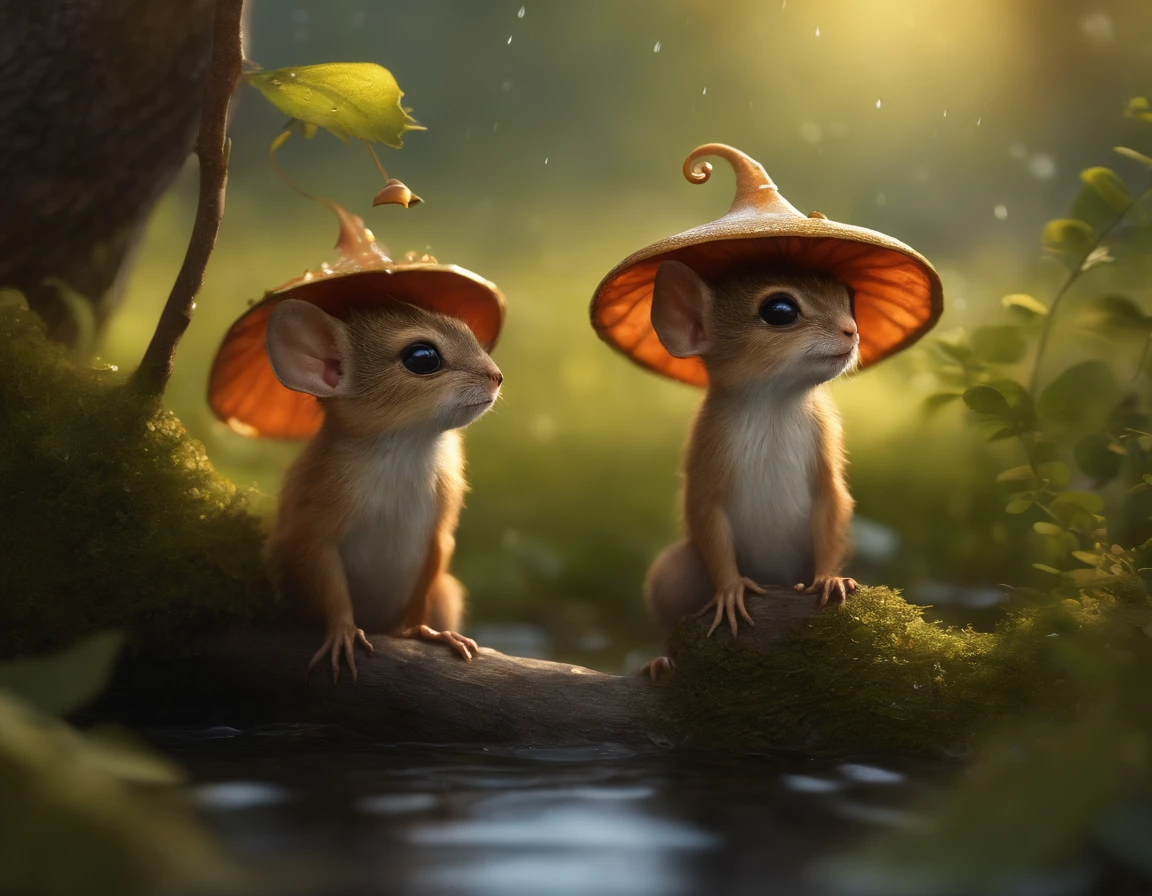 真实感, Realism, Close up of cute tiny fireflies around a huge oak tree, Morning lighting, dew, illuminate the bush, a detailed painting, cgsociety, Detailed painting, artstation hd, high detail, cgsociety, photo realism, Concept art, artstation hd, official arts, bokeh ,真实感, Realism, Cute alien creatures, look like gremlins,Tiny creatures, big eyes, large ears, acorn hat on head, stands under the crown of an oak tree by the water, touches water with fingers, Raindrops, Sverchkov, there are acorns in the clearing,