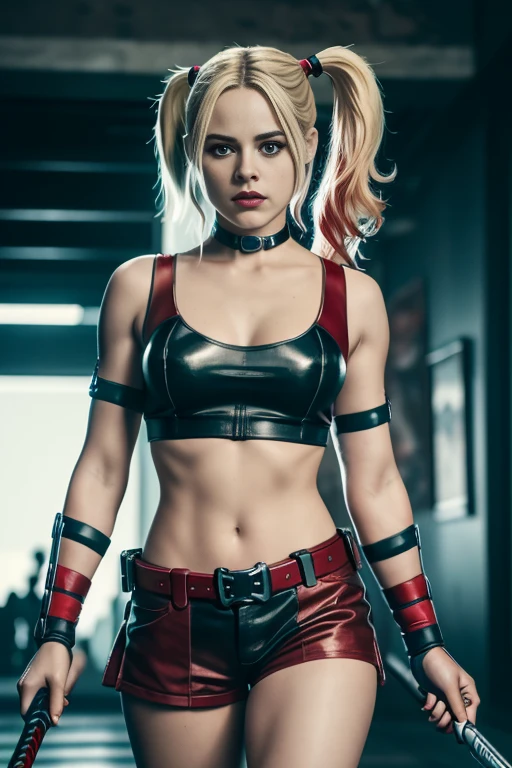 (8k, RAW photo, best quality, masterpiece:1.2), ultra detailed, official art, photo-realistic:1.37, upper body shot, DC Harley Quinn, film grain, Dynamic pose