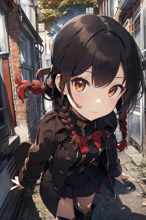 fluffy hair,Red hair,((Braided shorthair)),Slightly red tide,((Gold eyes)),(Black military uniform), a black ribbon, Staring at me, Smile with a kind face, ,((a dark night)),((dark apartment late at night)),(((Trembling girl ))),(Brown boots),((In front of the front door of an old apartment)),(A dimly lit ruin where the light bulbs seem to go out.),(aisle),((In front of the entrance)),((Black Long Trench Coat)),swollen face,A face that looks like it's turned away,(((close up of face))),((Perspective from above)),((Please open the front of your coat and let me see...........)),