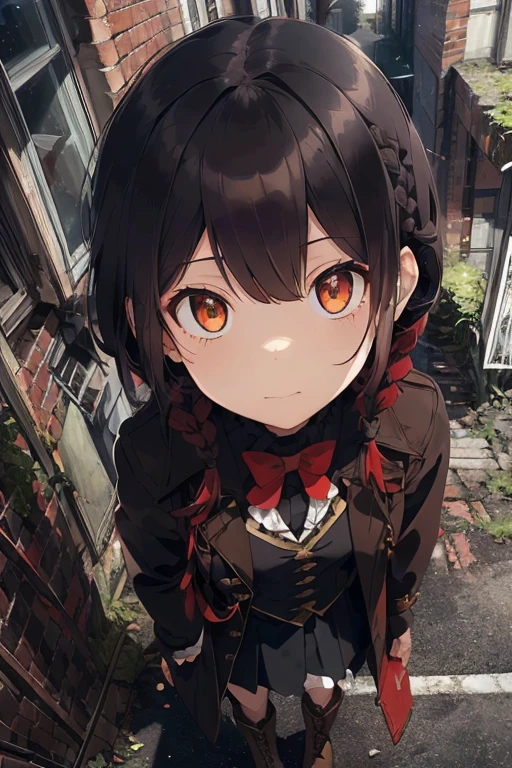 fluffy hair,Red hair,((Braided shorthair)),Slightly red tide,((Gold eyes)),(Black military uniform), a black ribbon, Staring at me, Smile with a kind face, ,((a dark night)),((dark apartment late at night)),(((Trembling girl ))),(Brown boots),((In front of the front door of an old apartment)),(A dimly lit ruin where the light bulbs seem to go out.),(aisle),((In front of the entrance)),((Black Long Trench Coat)),swollen face,A face that looks like it's turned away,(((close up of face))),((Perspective from above)),((Please open the front of your coat and let me see...........)),