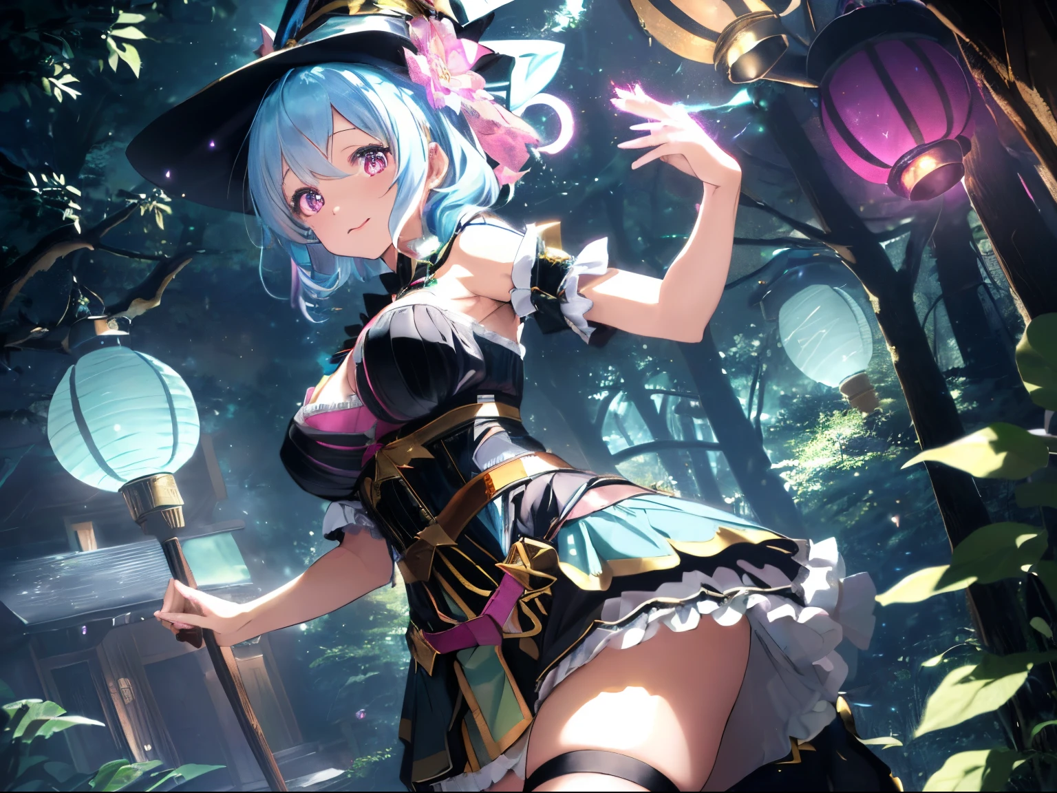 ((Black Night Forest)),(colorful glowing lanterns),fluffy hair,((Mixed hair of light gold and light blue)),((short-hair)),Slightly red tide,((Pink eyes)),(Sparkling colorful illuminations),(A house with a strange shape々In the woods lined with),((Idol style costume with soft volume)),((corsets)),((Harness belt)),((gorgeous wizard hat)),((the witch)),smile and show your tongue,Kamimei,((dance with light steps)),(Dynamic movement),