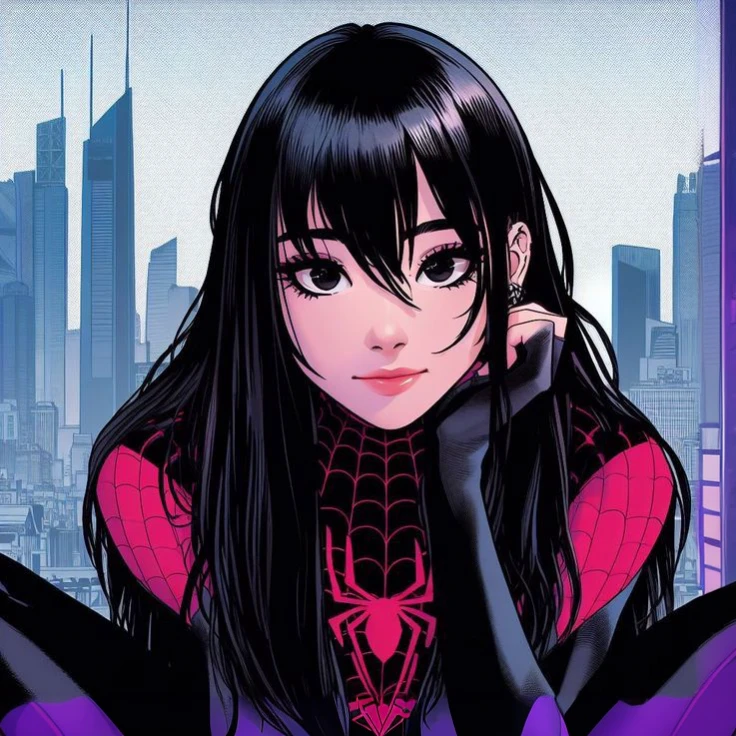spider - man and the sinister spider - woman, spider - gwen, spider-gwen, ( ( spiderwoman ) ), spider woman, spiderverse, spider - verse art style, gwen stacy, textless, spider gwen, miles morales, into the spider verse, into the spiderverse, artgerm and ilya kuvshinov, marvelous, spiderwoman!!A biracial Japanese-American girl with long black hair that is straight on top and wavy on the bottom, wearing a purple spiderman outfit with a purple hoodie and four piercings in each ear.