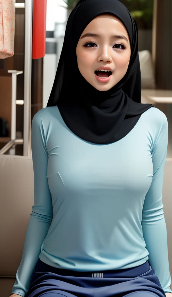 HIJAB MALAY GIRL, masutepiece, High quality, UHD 32K, Realistic face, Realistic skin feeling , A Japanese Lady, 8 years old, Little Girl, Very cute and baby-like face, Women's Competition One-Piece Swimsuit, Sitting, itting open legs, Spread Leg, (((facials))), (((Sadness))), (((flat chest))),(((Open Mouth)))