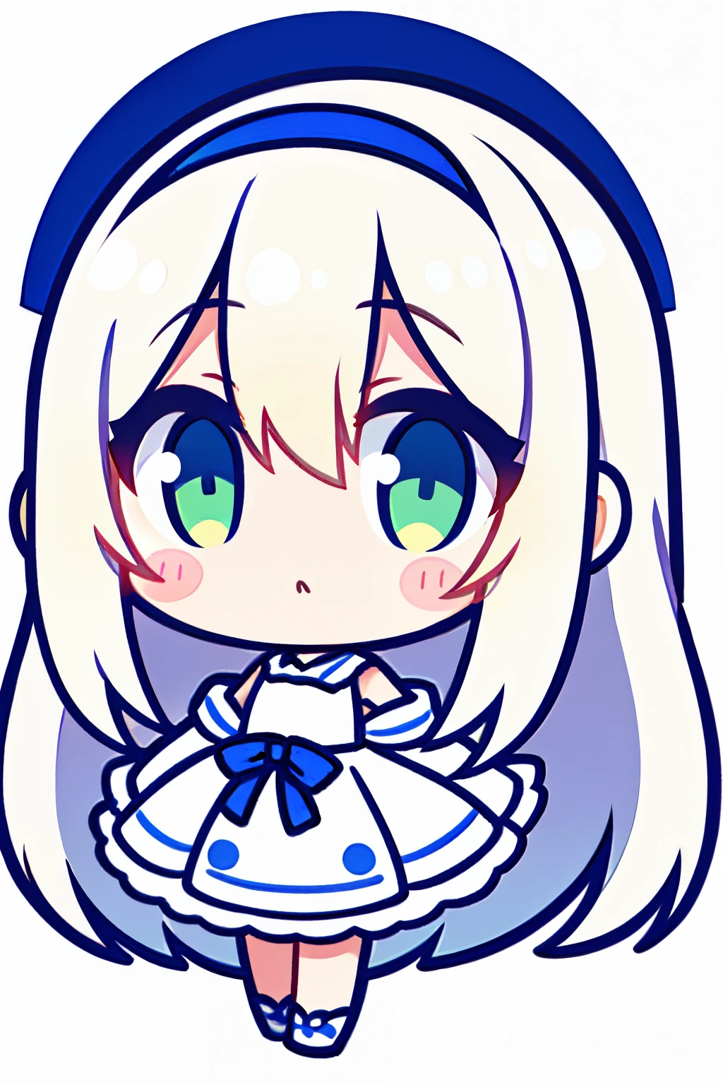 Solo, 1 girl, chibi, Looking at Viewer, Upright, Concept art, White background, Simple background, 白 long hair, Gradient Hair, White dress, Beautiful, deadpan, Eyes to the left,3 head body