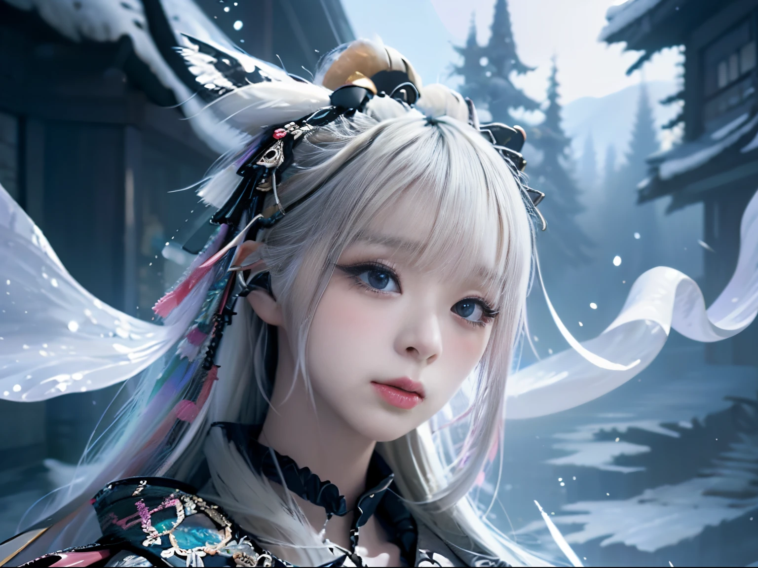 anime - style image of a woman with white hair, wearing a white haori with a undraw katana, a character portrait,  anime fantasy artwork, artwork in the style of guweiz, guweiz on artstation pixiv, anime wallpaper 4k, anime wallpaper 4 k, background is a winter japan shrine in the mountains, prepared for big war,​masterpiece, 1 beautiful girl, Detailed eye, Swollen eyes, top-quality, 超A high resolution, (reality: 1.4), 电影灯光, japanese, an asian beauty, very extremely beautiful, Beautiful skins, A slender, Forward-facing body, (A hyper-realistic), (hight resolution), (4K), (highly detailed),( Best Illustration), (beautifully detailed eyes), (ultra-detailed), 详细的脸, Bright lighting, Professional Lighting, full-body view, distance view, Piercing sharp eyes glaring, emotionless face